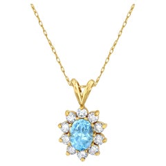Oval Blue Topaz Diamond Halo Necklace 1.75cttw 14k Yellow Gold