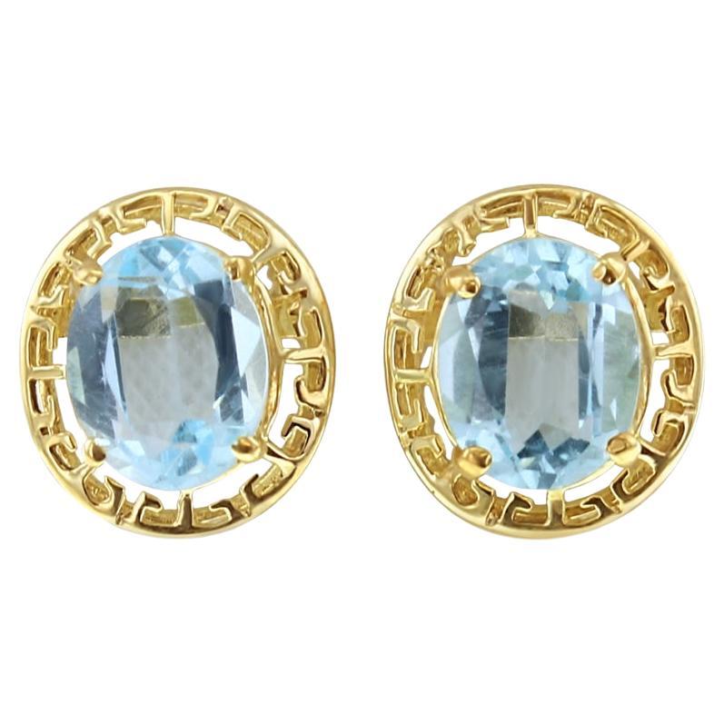 Oval Blue Topaz Earrings with 14k Yellow Gold Greek Bezel Frame