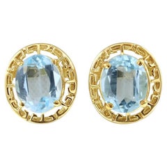 Oval Blue Topaz Earrings with 14k Yellow Gold Greek Bezel Frame