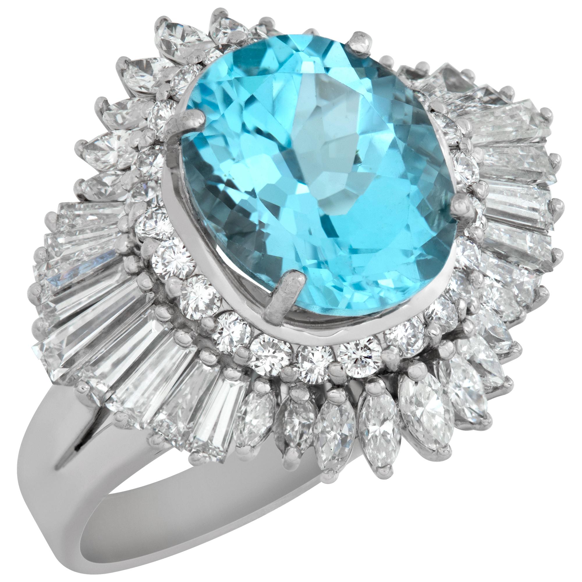 Oval Blue Topaz ring 2.5 cts baguette round & marquis diamonds platinum setting In Excellent Condition In Surfside, FL