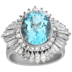 Vintage Oval Blue Topaz ring 2.5 cts baguette round & marquis diamonds platinum setting