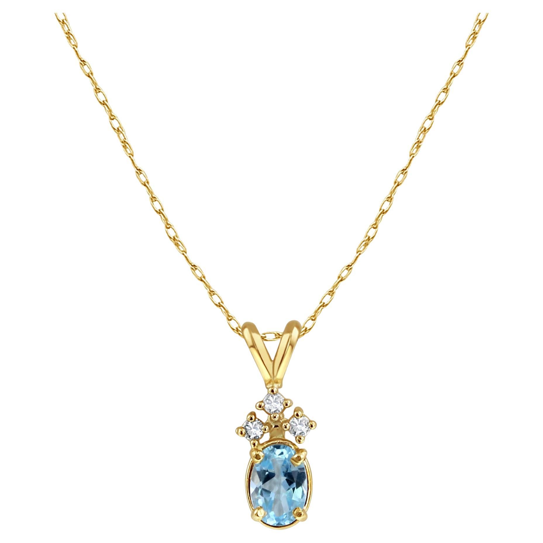 Oval Blue Topaz & Three Small Diamonds Necklace 14k Yellow Gold