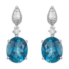 Oval Blue Topaz Vintage Inspired Dangle Drop Earrings Diamond 14K White Gold