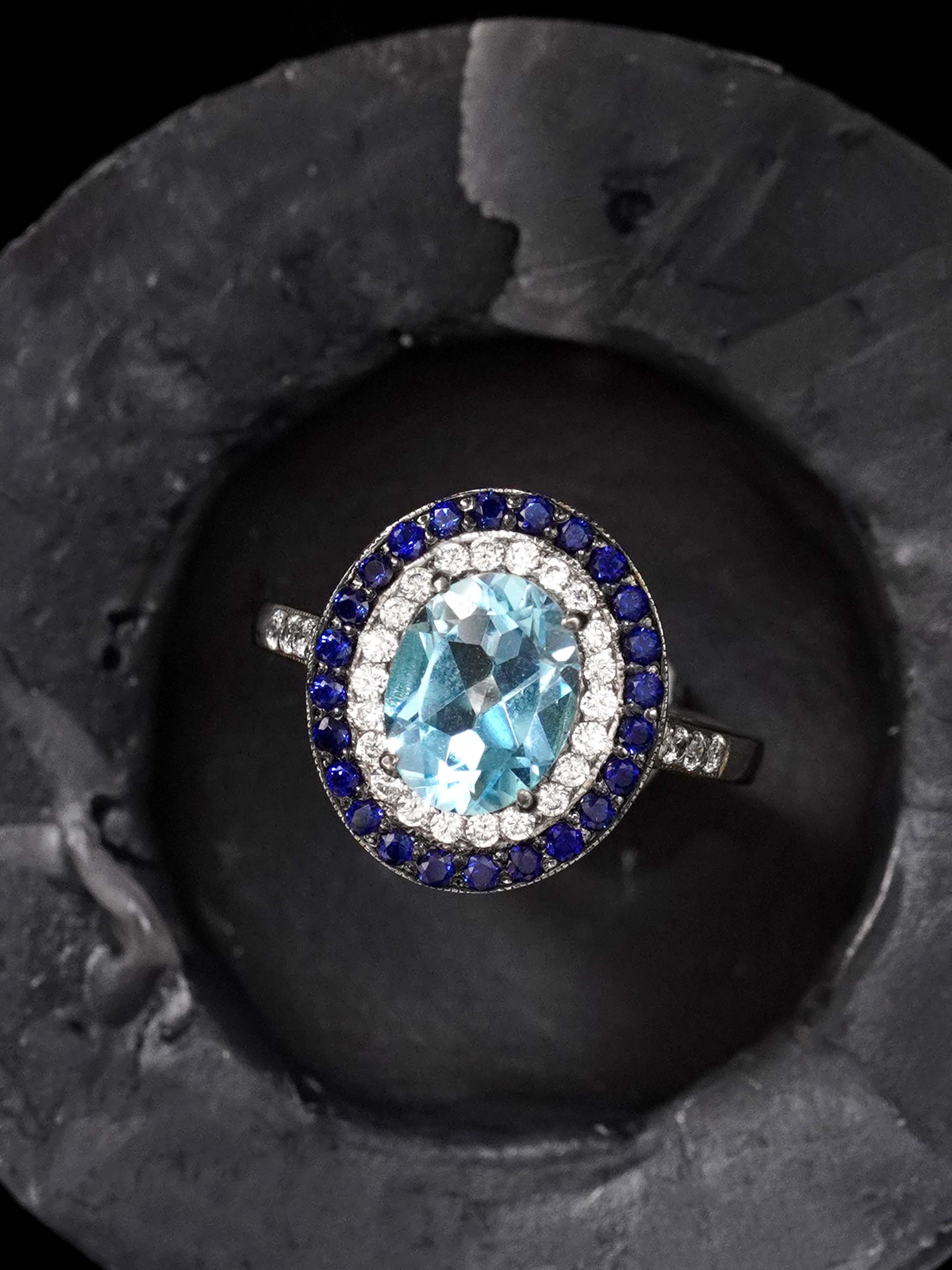 Anello a raggiera ovale in oro 14K con zaffiro e diamante in stile Art Deco In condizioni Nuovo in vendita a Bangkok, TH