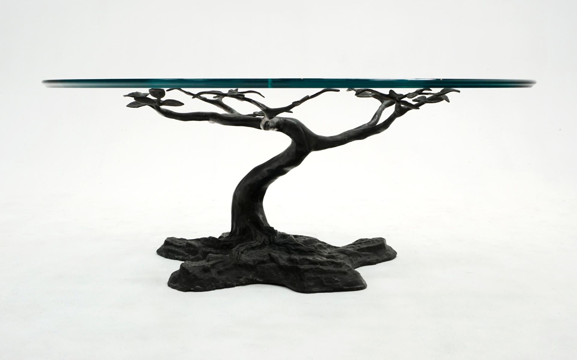 Belgian Oval Bonsai Tree Coffee Table in Bronze and Glass by Willy Daro, Belgium, 1970s