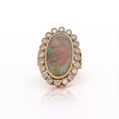 Oval Boulder Opal & 2 Carat Round Cut Diamond Halo 18K Gold Vintage Ring