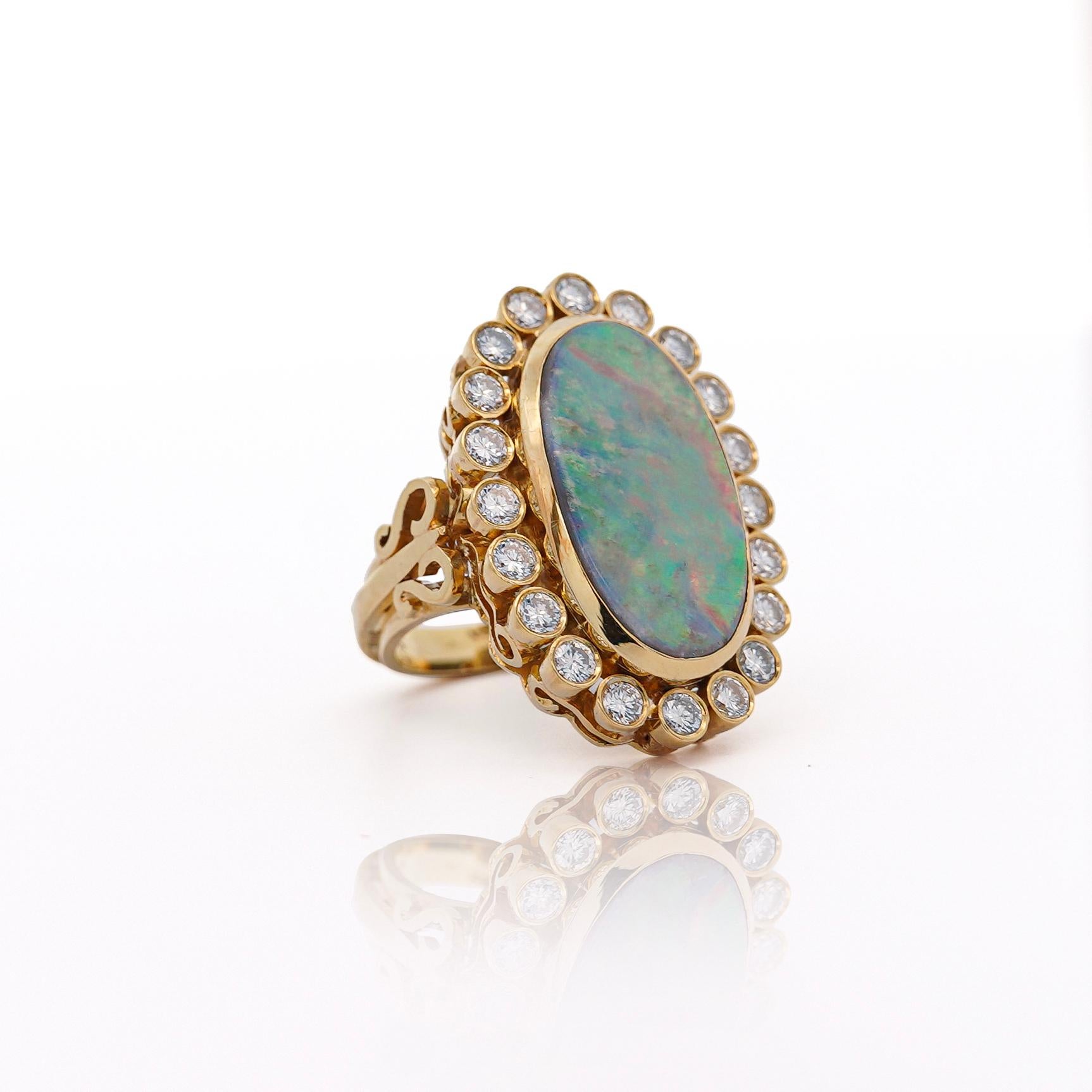 Art Deco Oval Boulder Opal & 2 Carat Round Cut Diamond Halo 18K Gold Vintage Ring For Sale