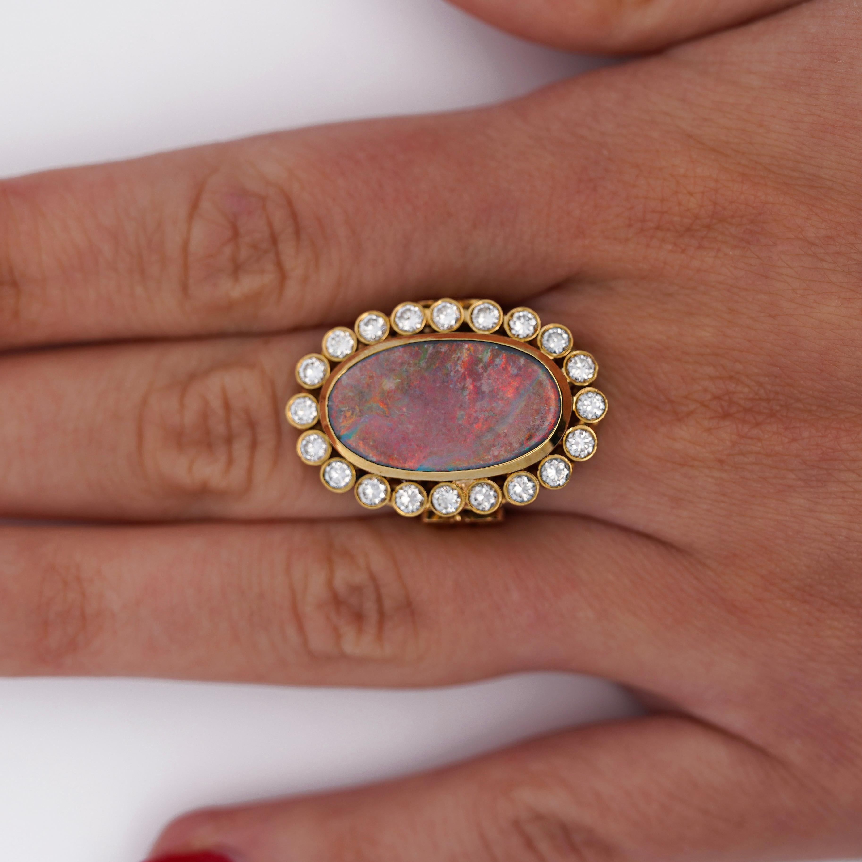Oval Cut Oval Boulder Opal & 2 Carat Round Cut Diamond Halo 18K Gold Vintage Ring For Sale