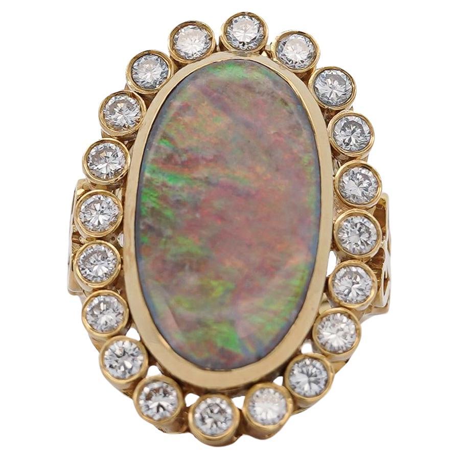Oval Boulder Opal & 2 Carat Round Cut Diamond Halo 18K Gold Vintage Ring For Sale
