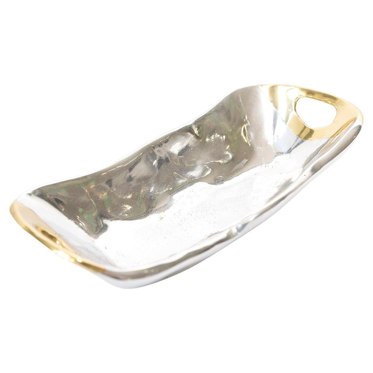 Oval Bowl Decorative Center Countertop Piece Silver and Gold Coloured Cast Metal For Sale