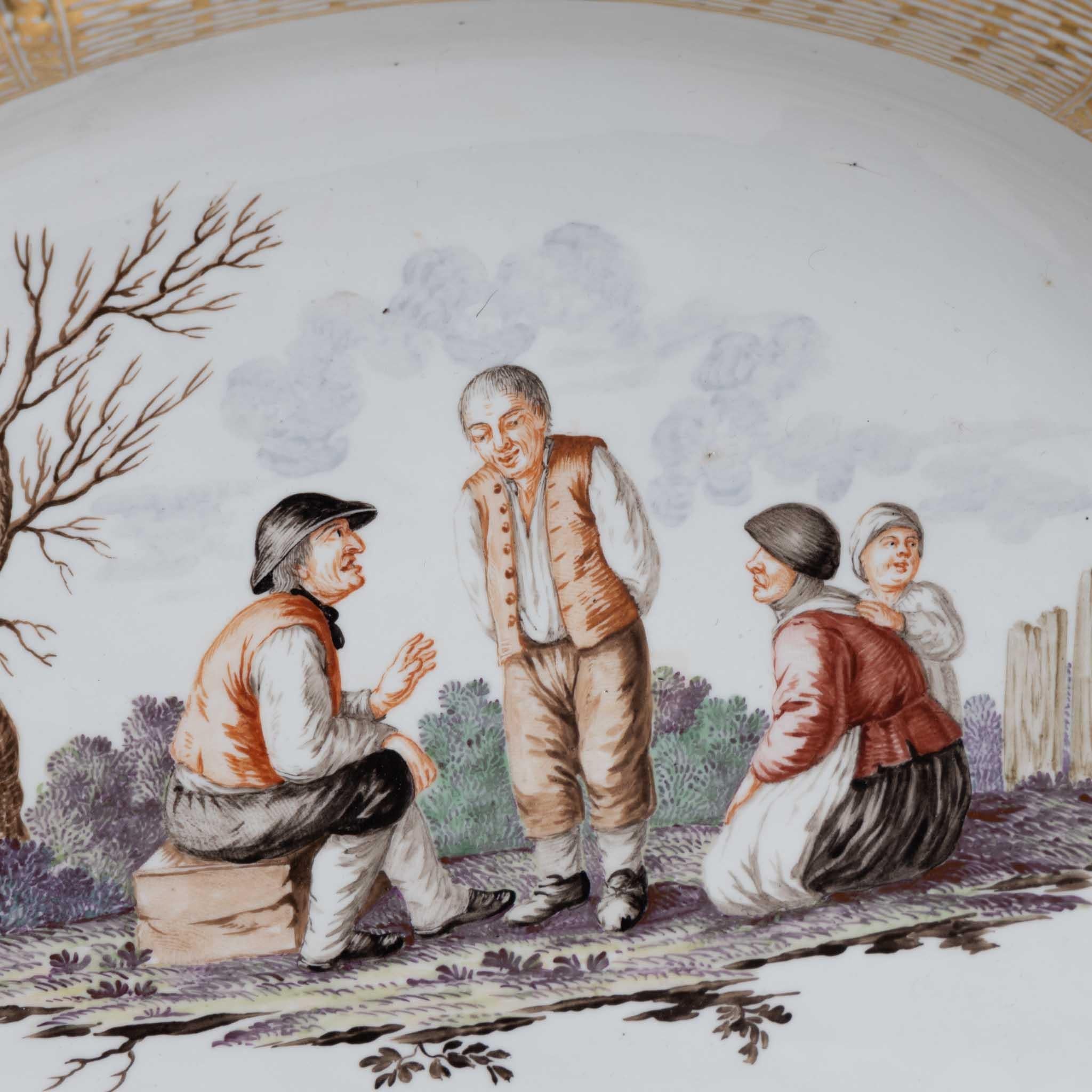 Oval bowl with peasant scene, Nymphenburg, c. 1775, pressed mark Rautenschild, incised 6, painting attributed to Joseph Kaltner.