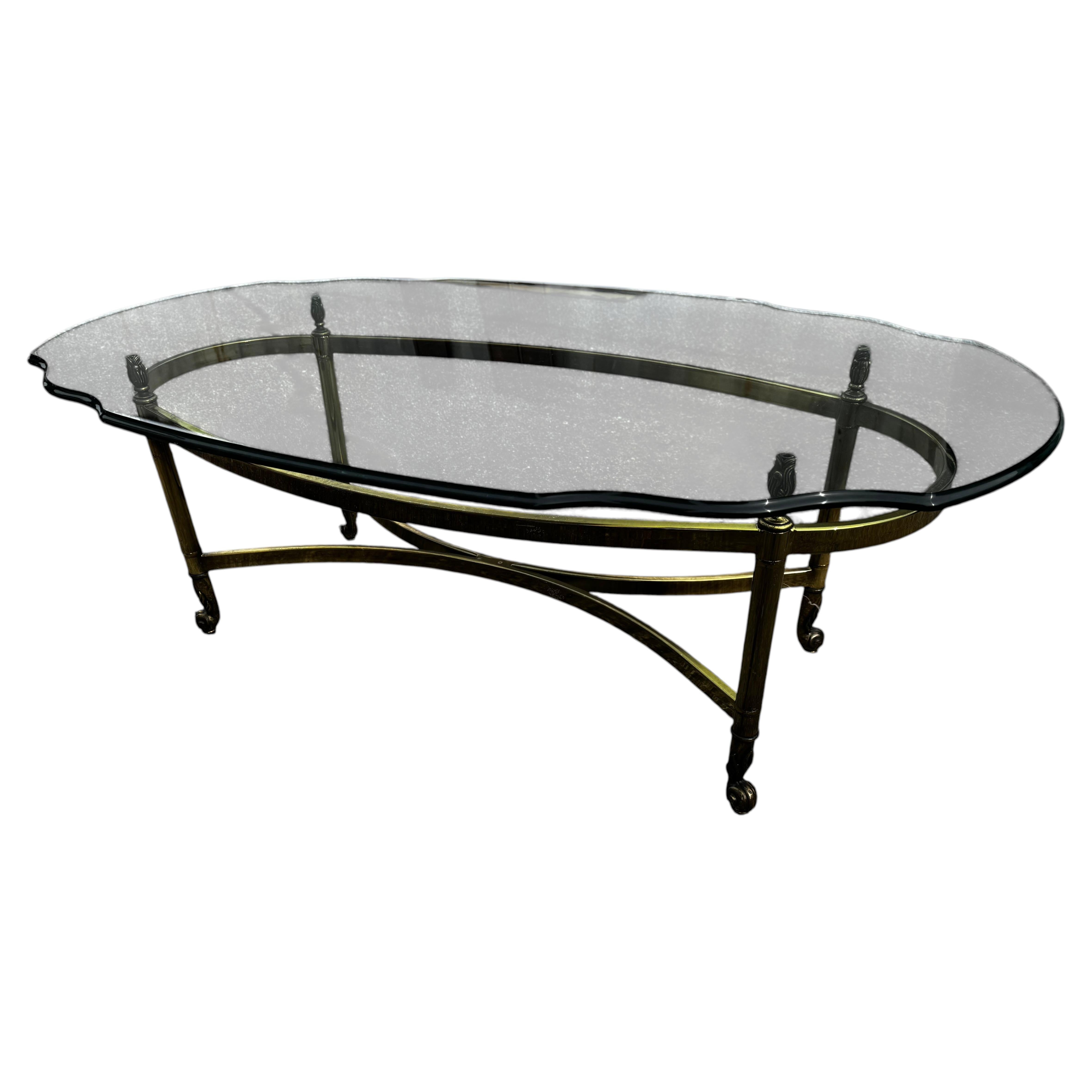 Oval Brass and Beveled Glass Labarge Style Coffee Table