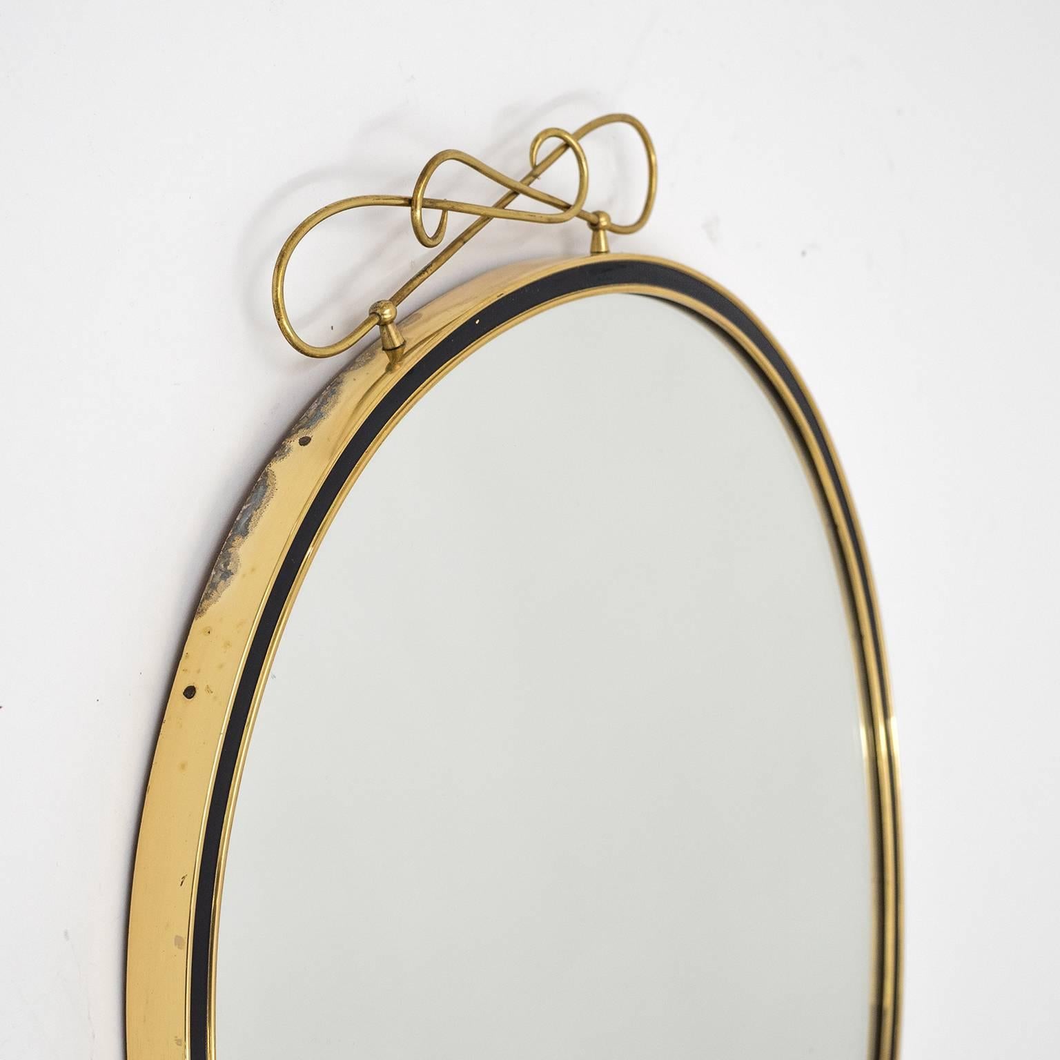 German Oval Brass and Enameled Wall Mirror, 1950s