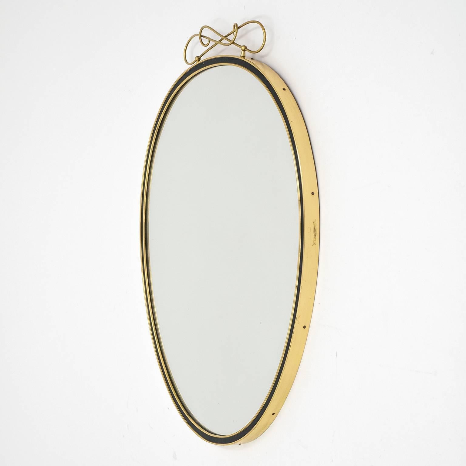 Oval Brass and Enameled Wall Mirror, 1950s (Messing)