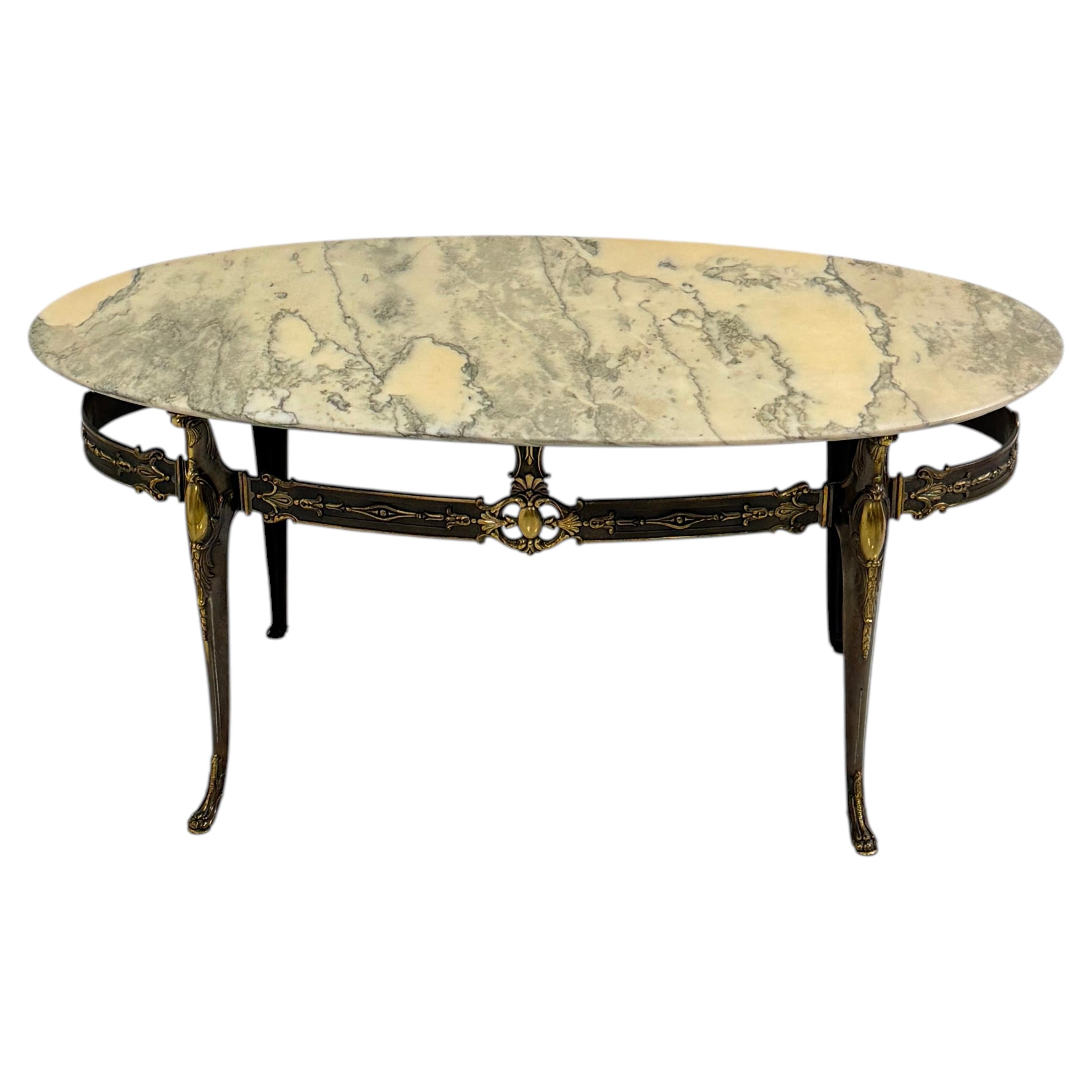 Oval brass and marble Coffee Table, made in Italy, 1950s For Sale