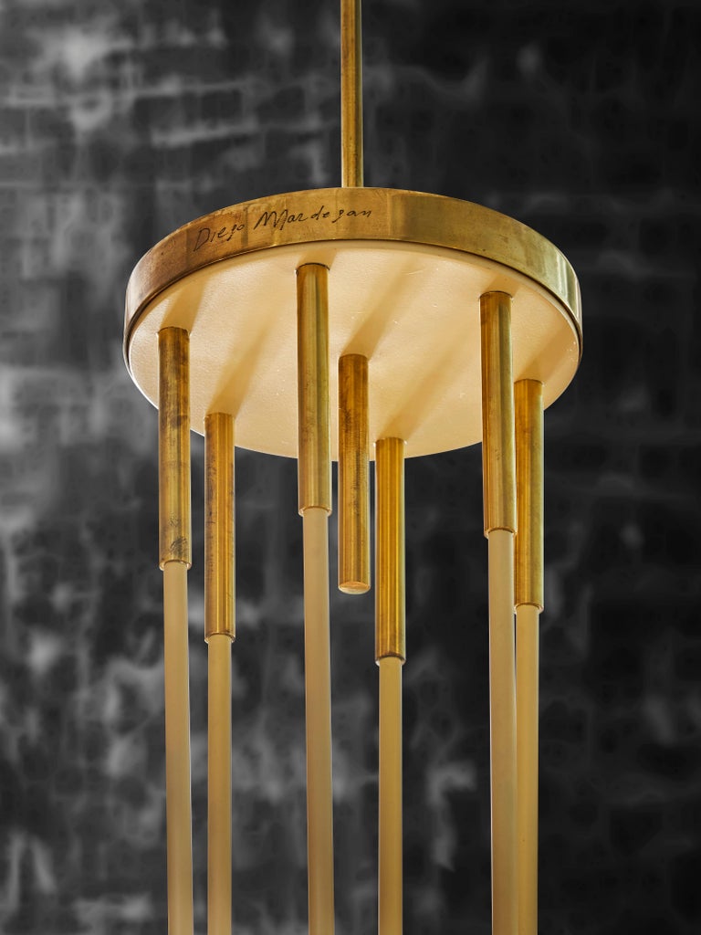 Modern Oval Brass and Parchment Chandelier by Diego Mardegan for Glustin Luminaires For Sale