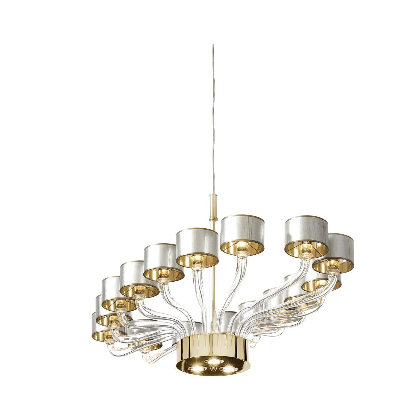 The chic, contemporary design of this magnificent chandelier combines traditional crafting techniques with a modern design approach. Simple and elegant lines create an oval silhouette enriched by the noble material used: authentic Venetian