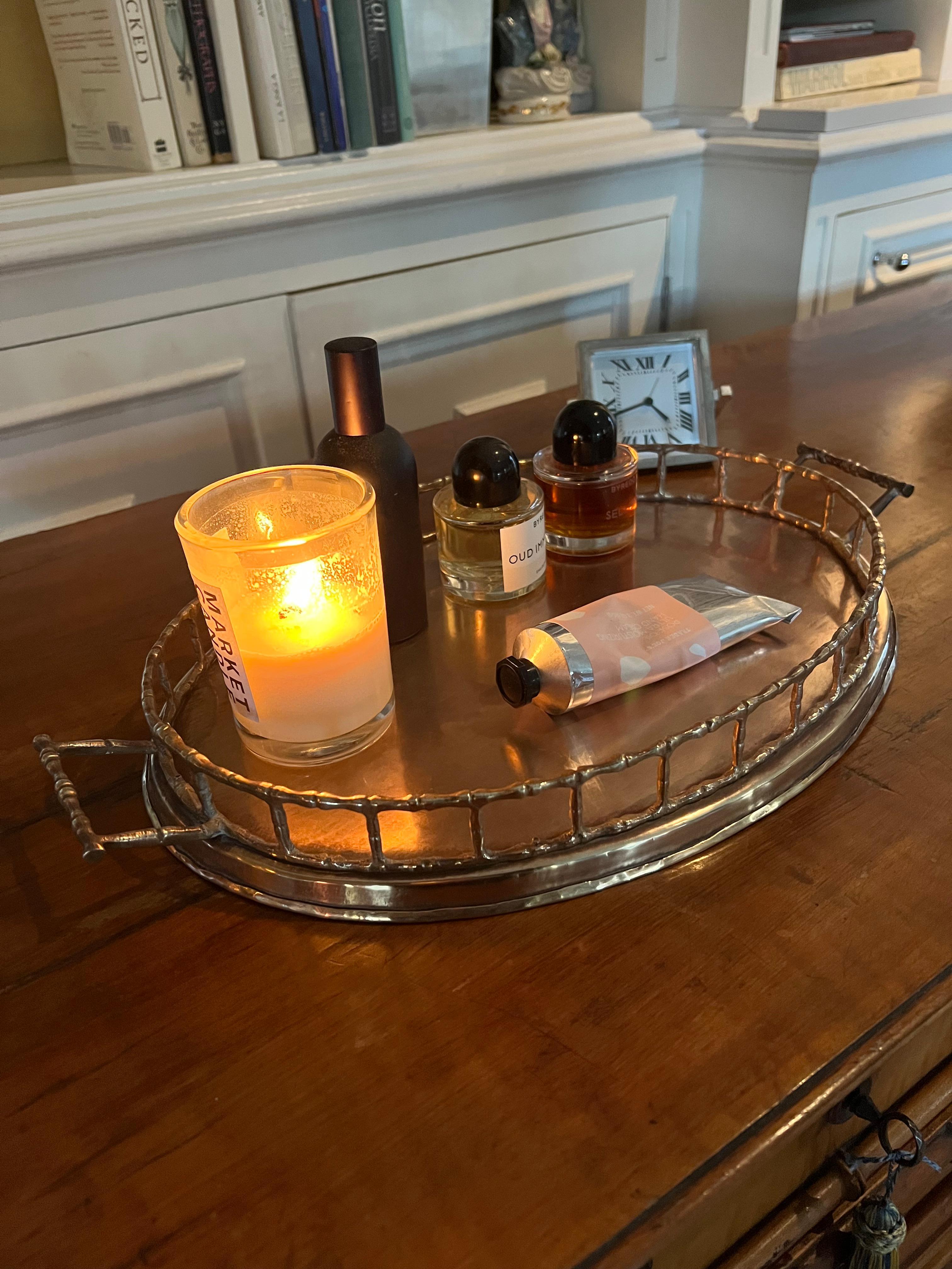 Brass Bamboo Tray - these trays are very popular and make a lovely presentation or decorative piece. Made of solid Brass with a bamboo style motif the tray is large and round. Perfect for outdoor entertaining or for the bar that serves a lot of