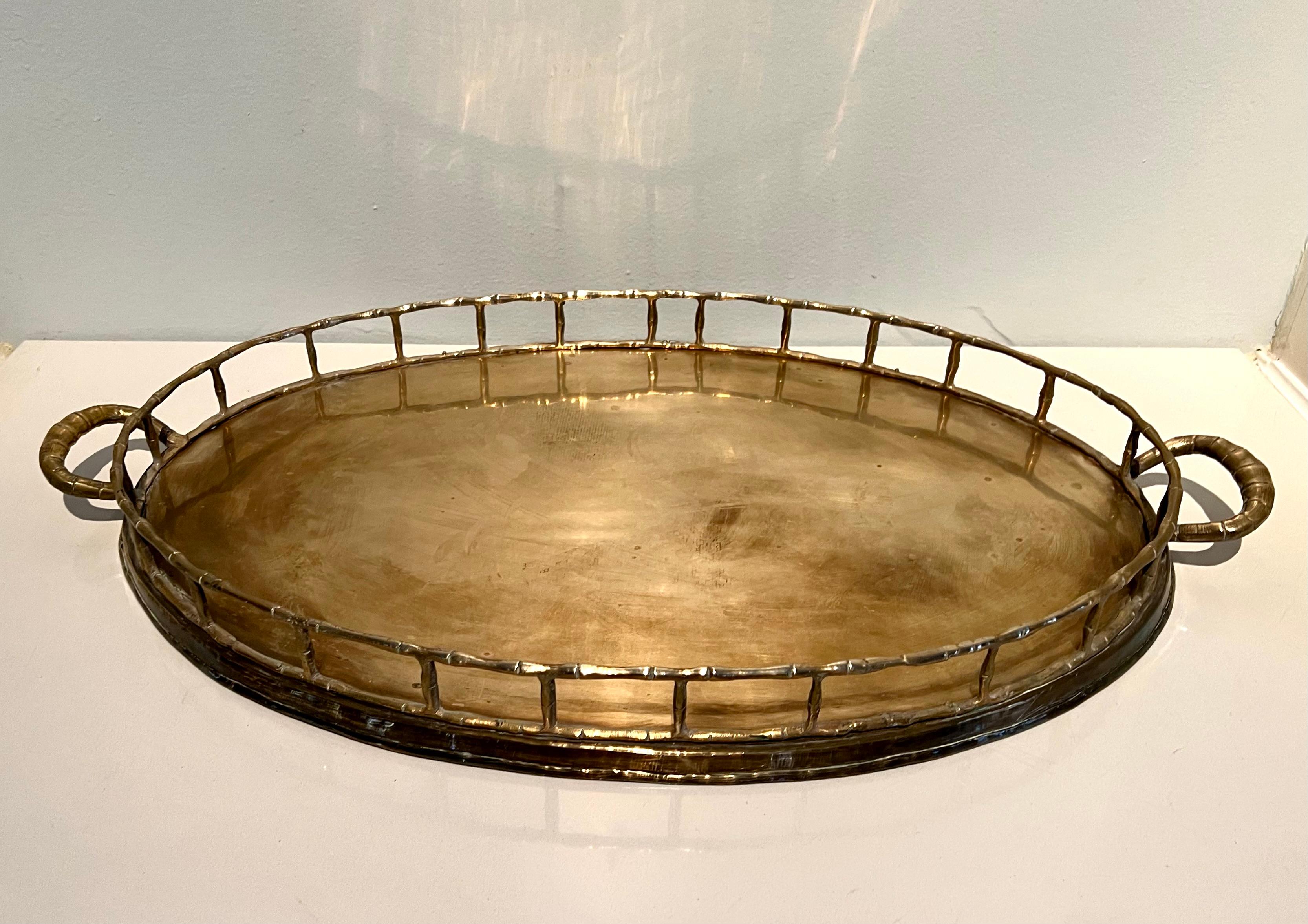 Hollywood Regency Oval Brass Bamboo Tray in the Style of Ralph Lauren