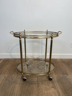 Oval Brass Bar Cart with Pinecone Finials, Bottle Holder. French Work. Circ 1950