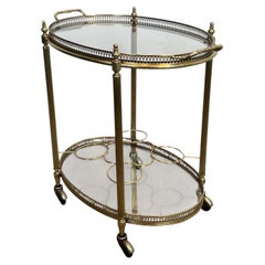 Oval Brass Bar Cart with Pinecone Finials, Bottle Holder. French Work. Circ 1950