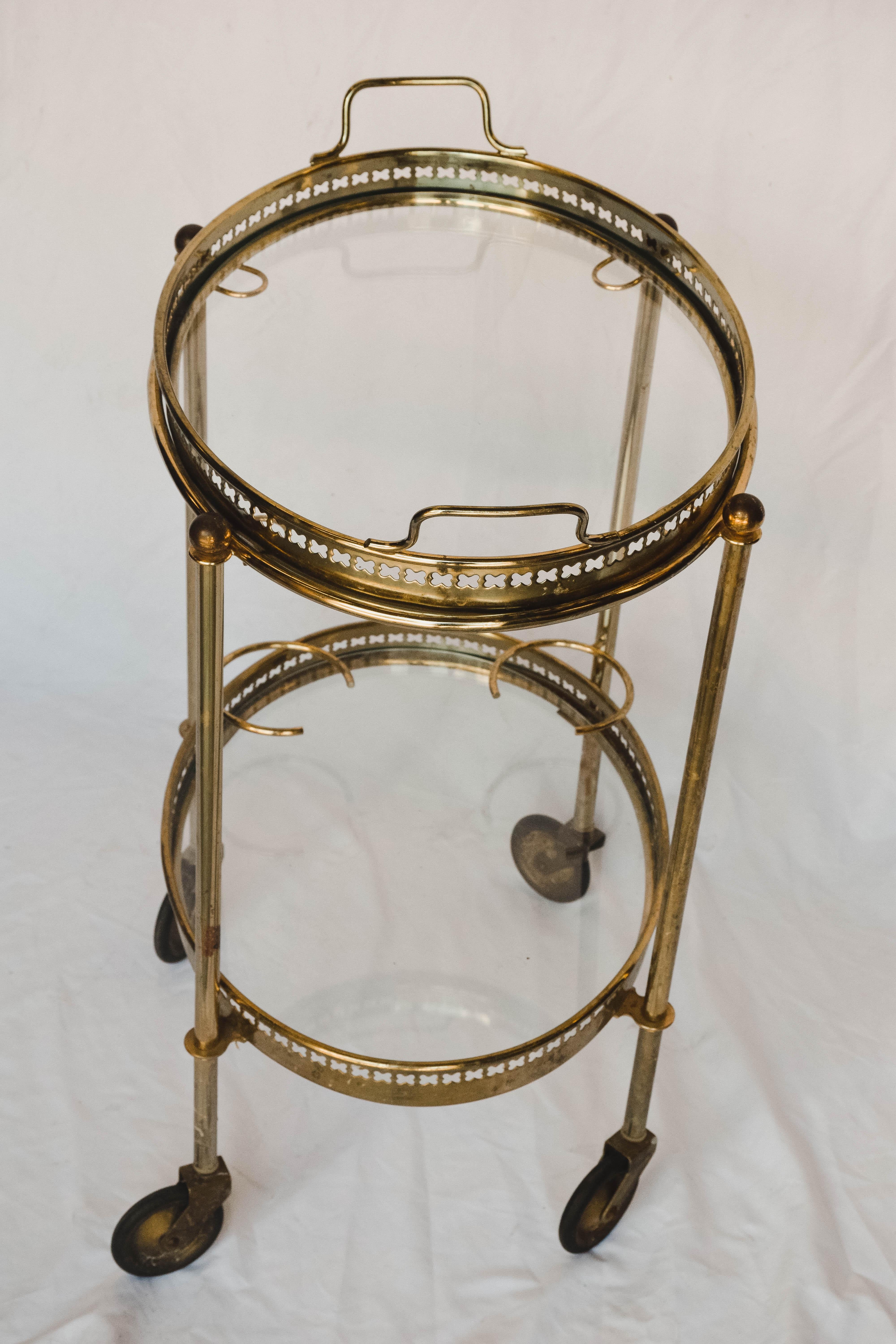 Oval Brass Bar Cart with Removable Tray and Bottle Holders 5