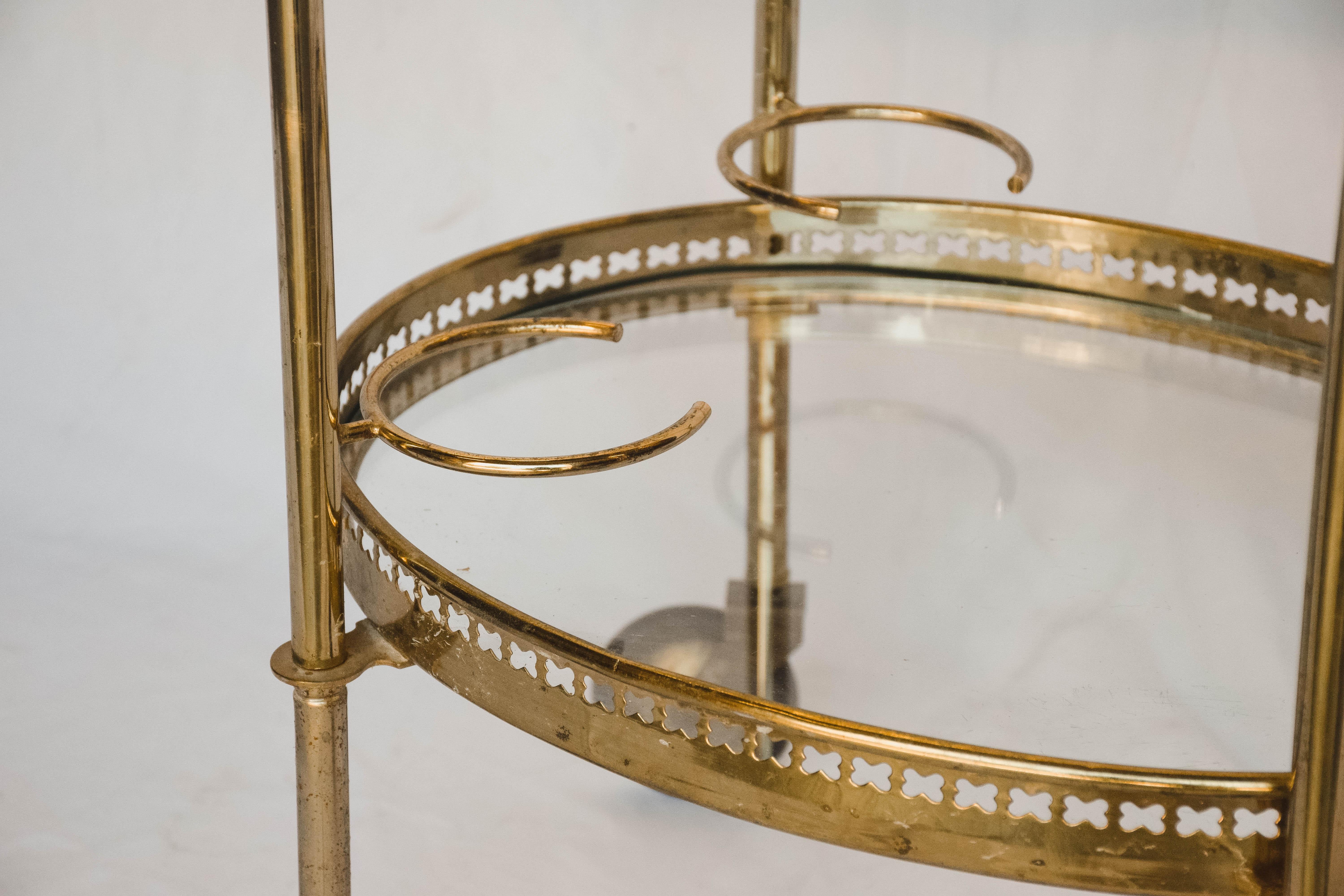 Oval Brass Bar Cart with Removable Tray and Bottle Holders 8