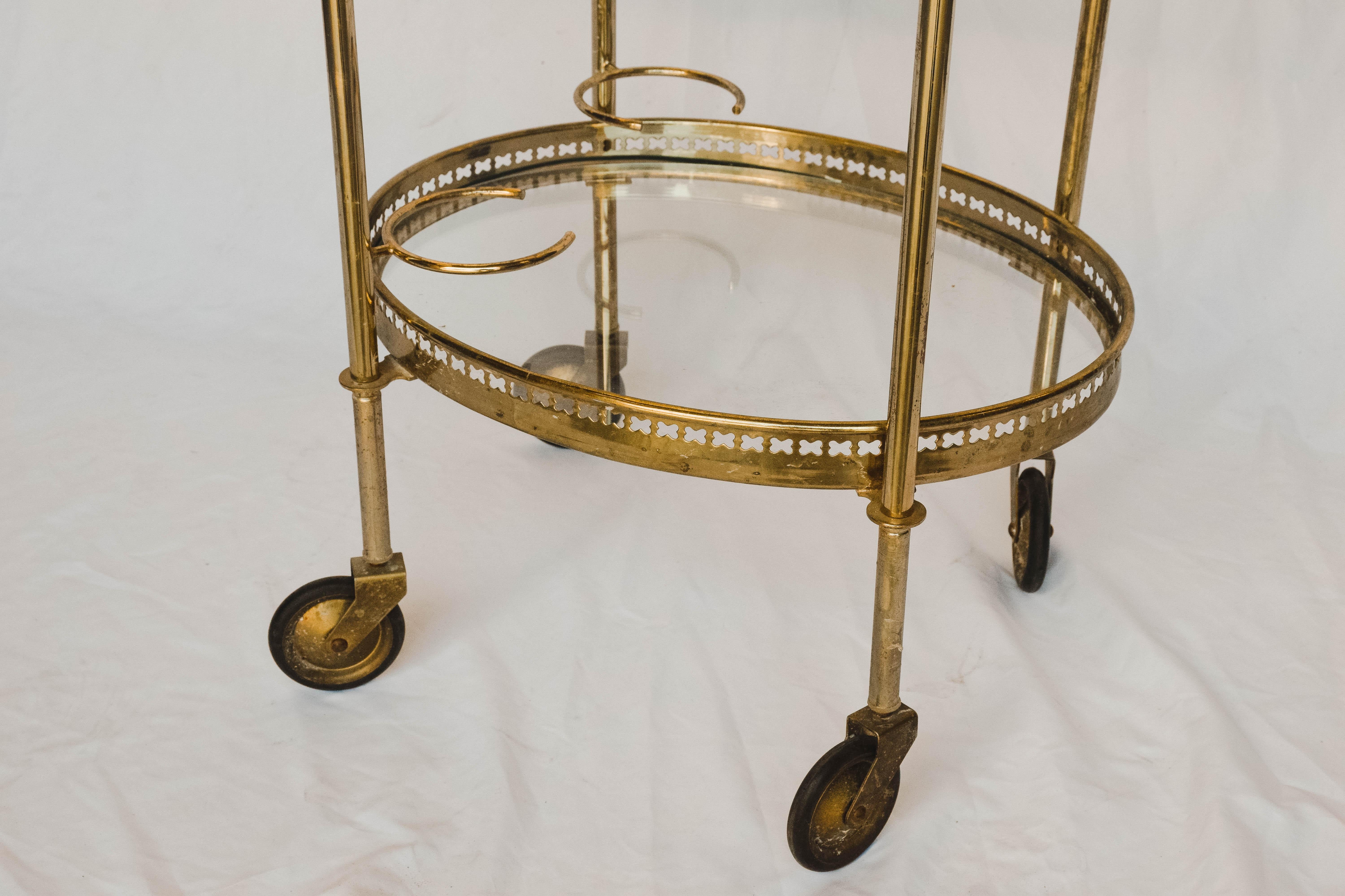 Oval Brass Bar Cart with Removable Tray and Bottle Holders 9