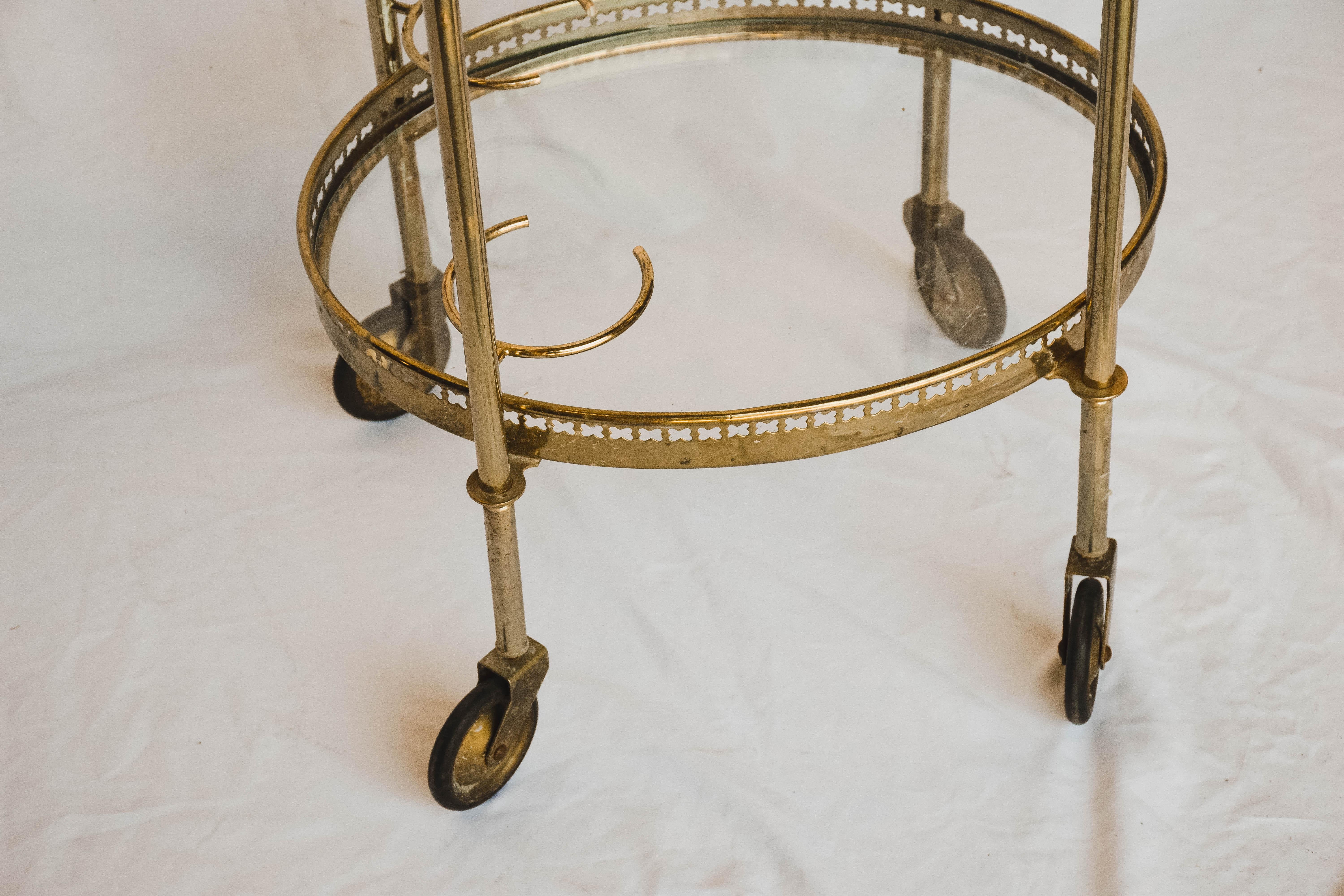 Oval Brass Bar Cart with Removable Tray and Bottle Holders 11