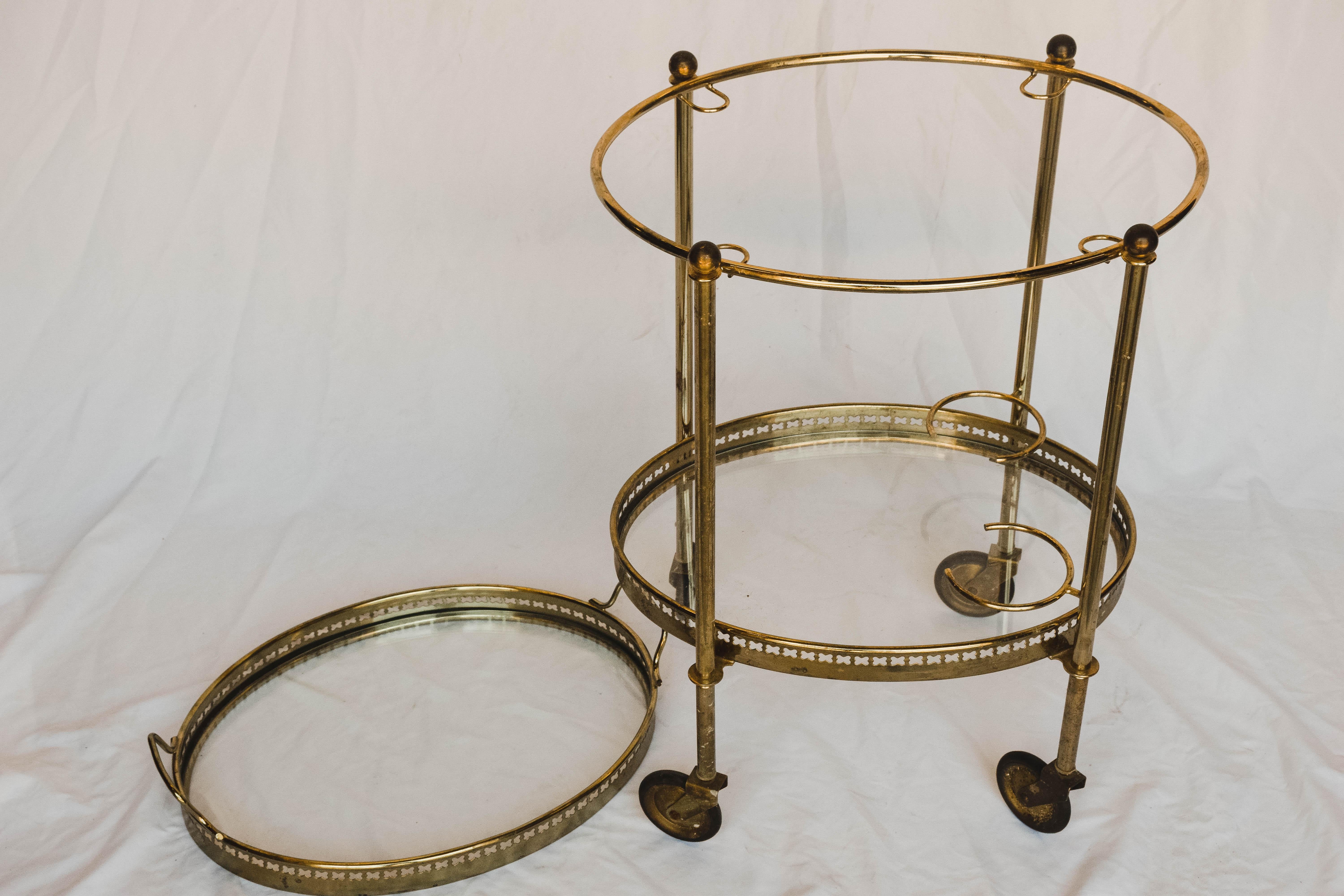 French Oval Brass Bar Cart with Removable Tray and Bottle Holders