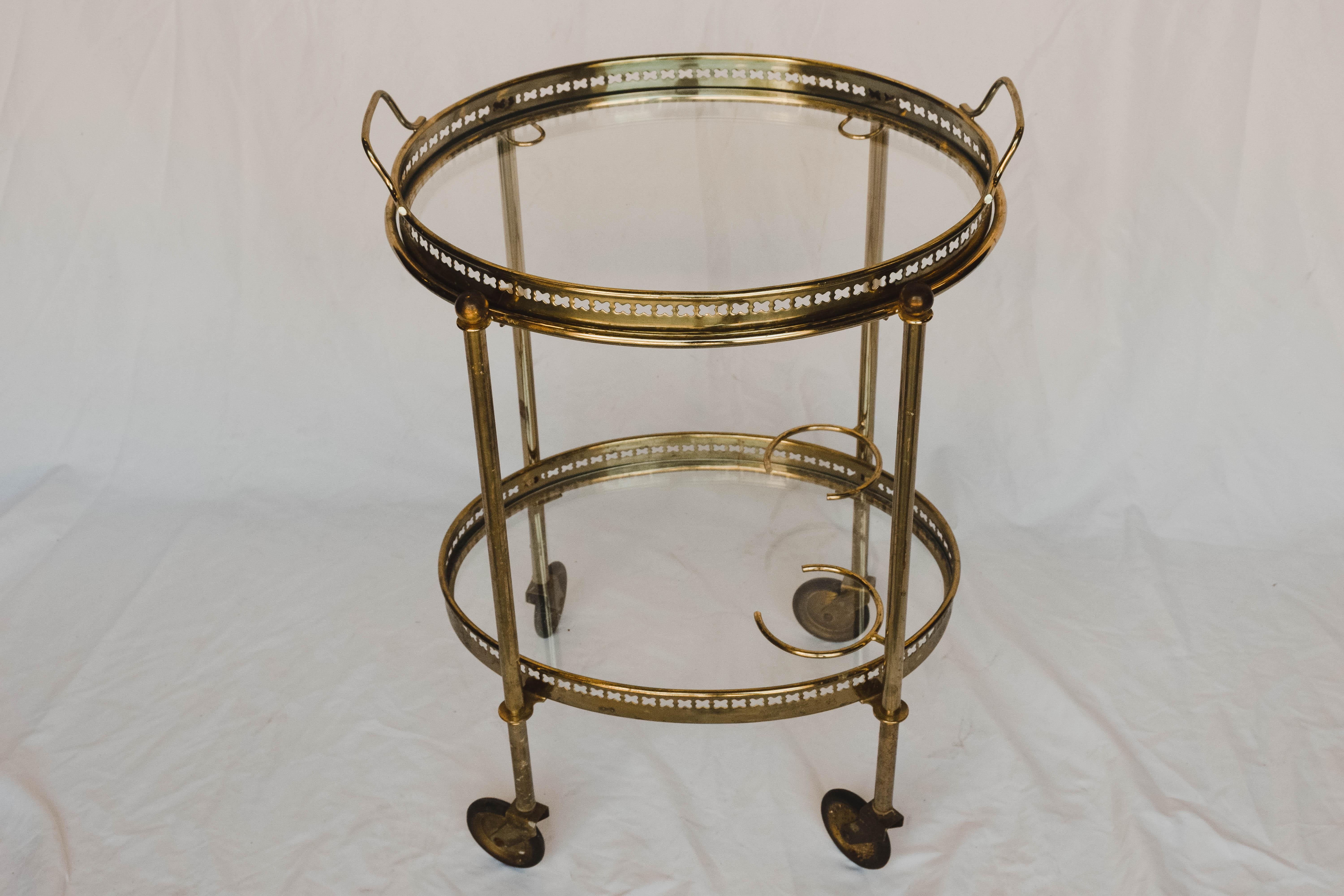 Oval Brass Bar Cart with Removable Tray and Bottle Holders 1