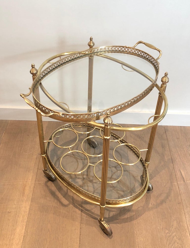 Neoclassical Oval Brass Bar Cart with Removable Top Tray and Bottles Holder by Maison Jansen For Sale