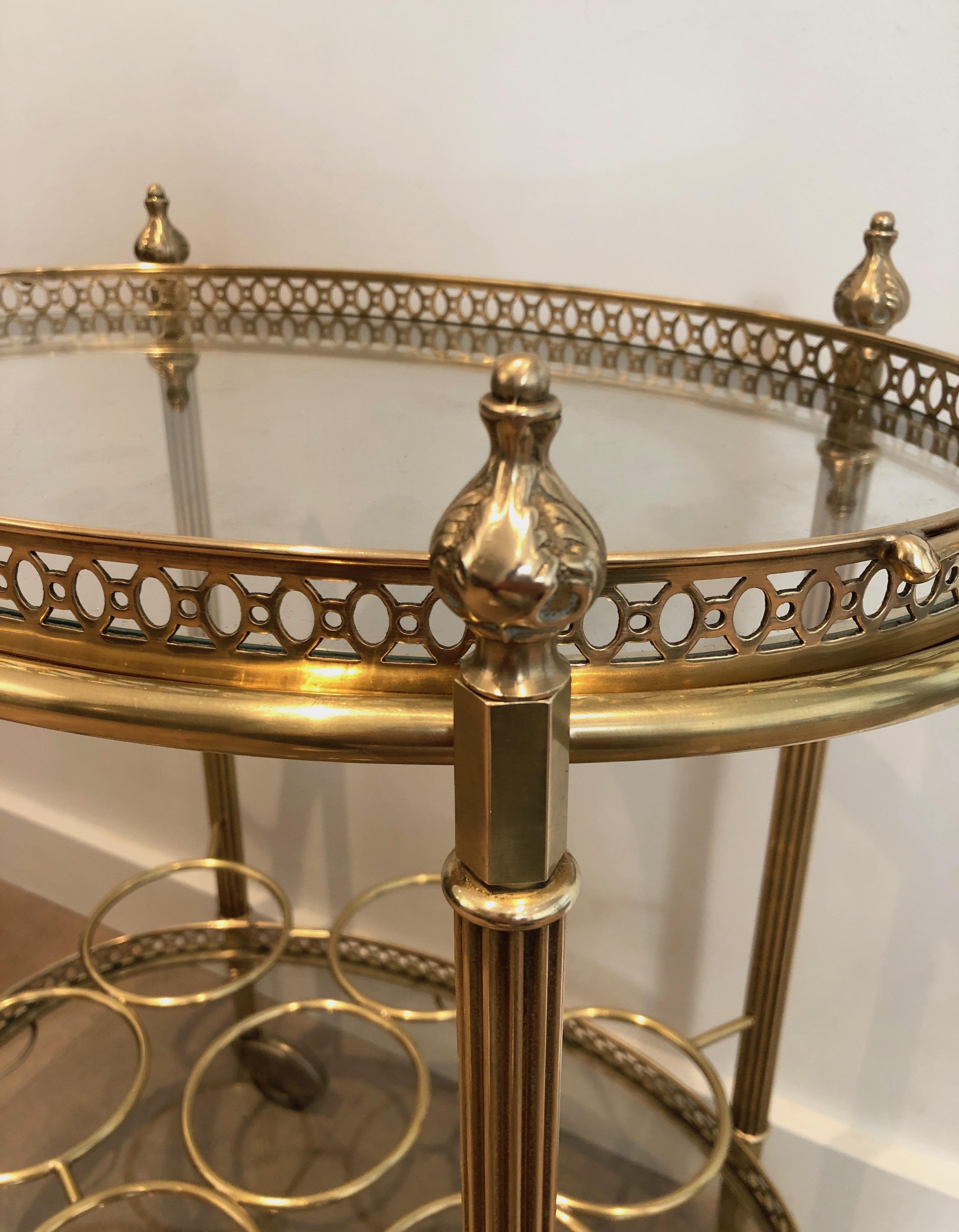 Mid-20th Century Oval Brass Bar Cart with Removable Top Tray and Bottles Holder by Maison Jansen