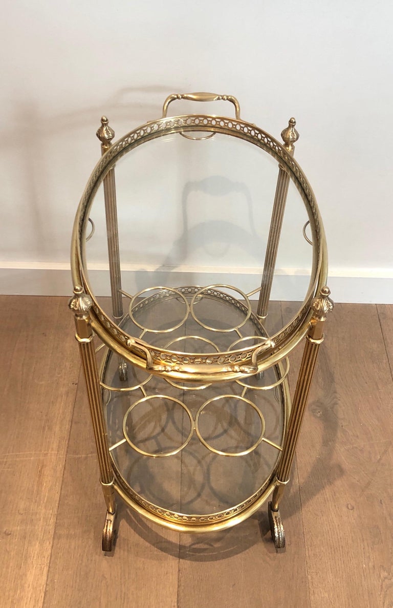 Oval Brass Bar Cart with Removable Top Tray and Bottles Holder by Maison Jansen For Sale 1