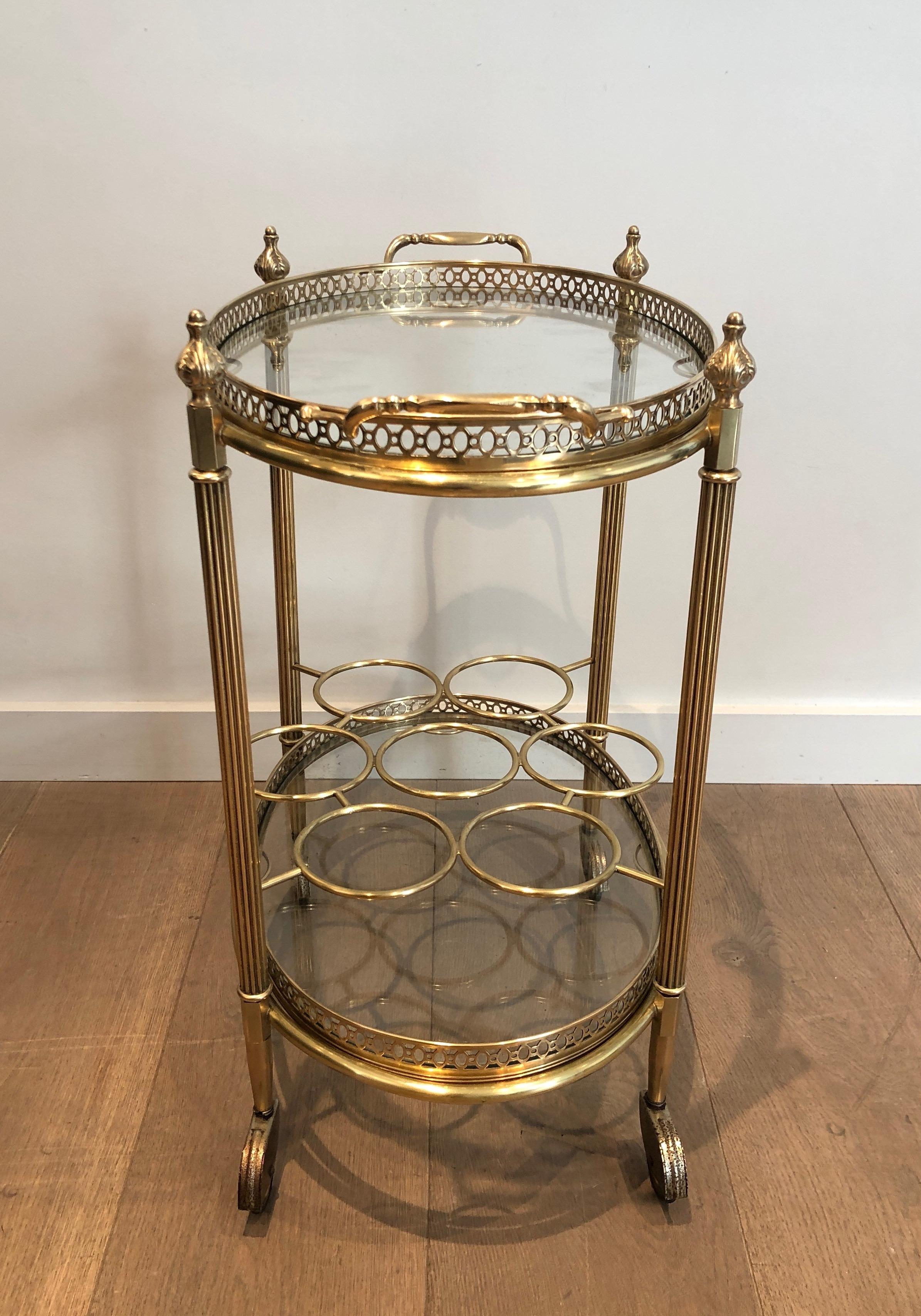 Oval Brass Bar Cart with Removable Top Tray and Bottles Holder by Maison Jansen 2