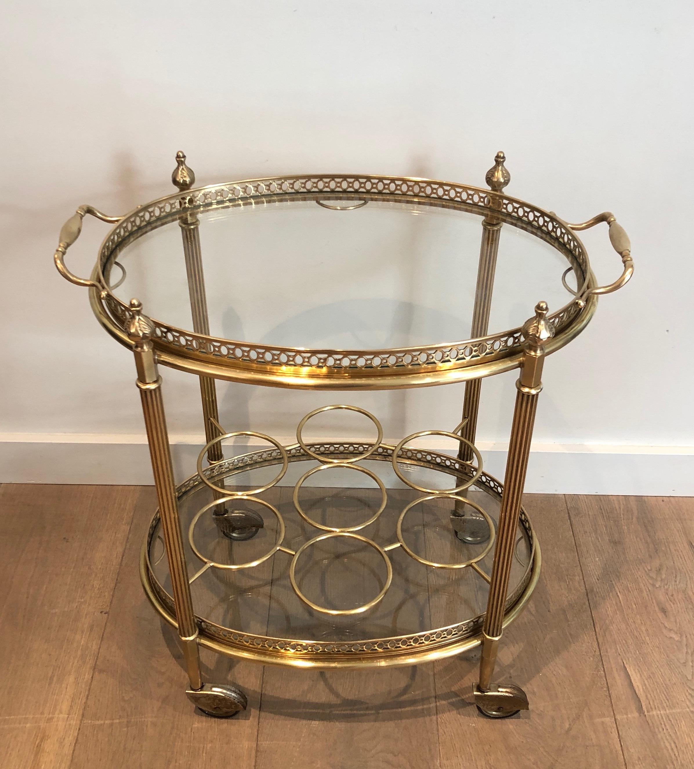 Oval Brass Bar Cart with Removable Top Tray and Bottles Holder by Maison Jansen 3