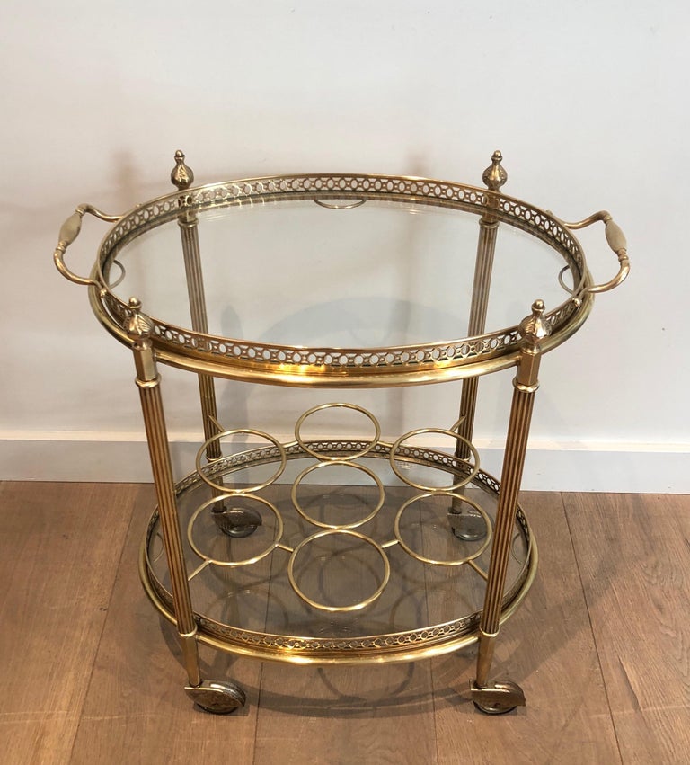 Oval Brass Bar Cart with Removable Top Tray and Bottles Holder by Maison Jansen For Sale 3