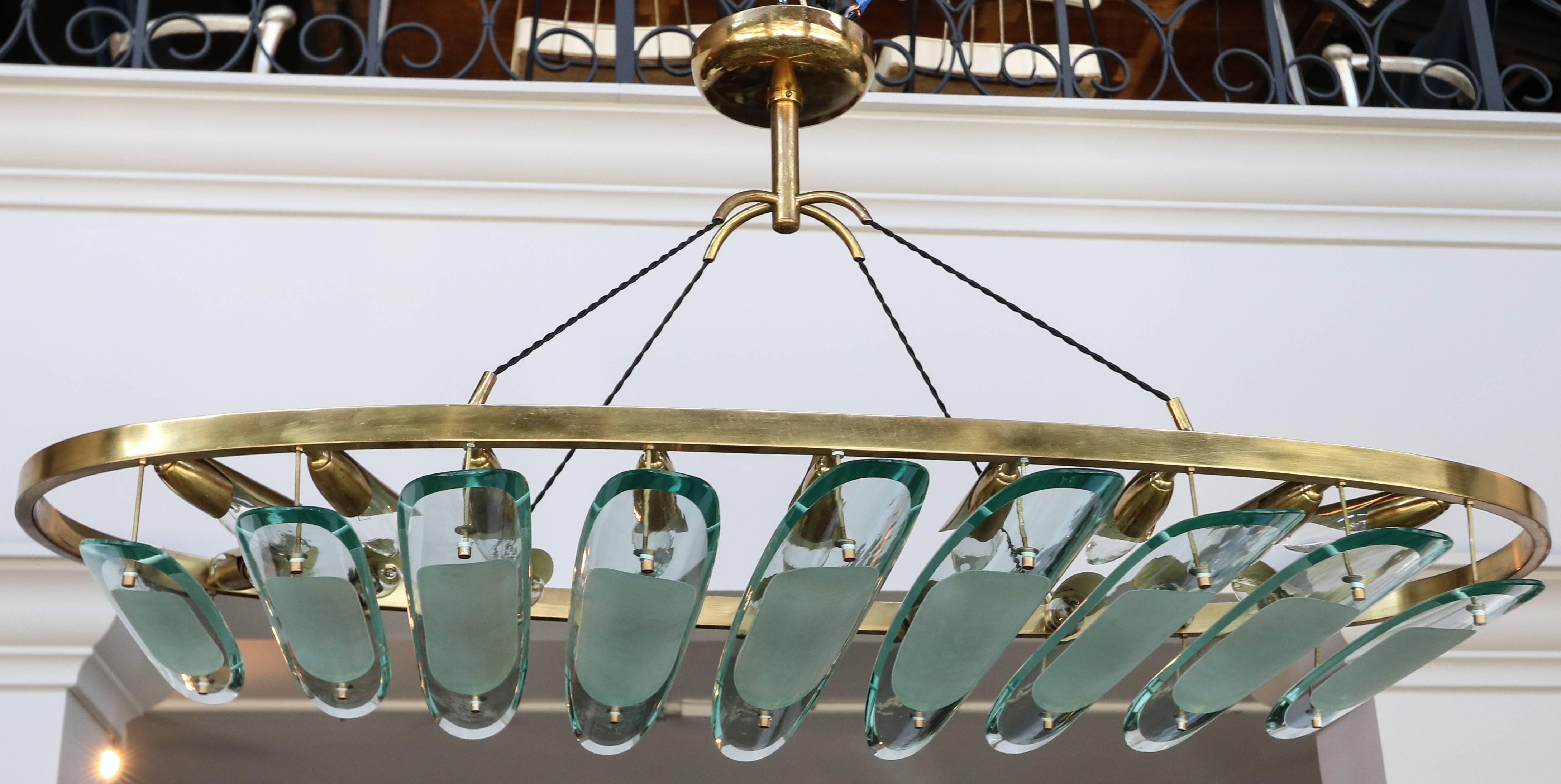 Italian Oval Brass Fontana Arte for Dominici Chandelier with Long Glass Pieces