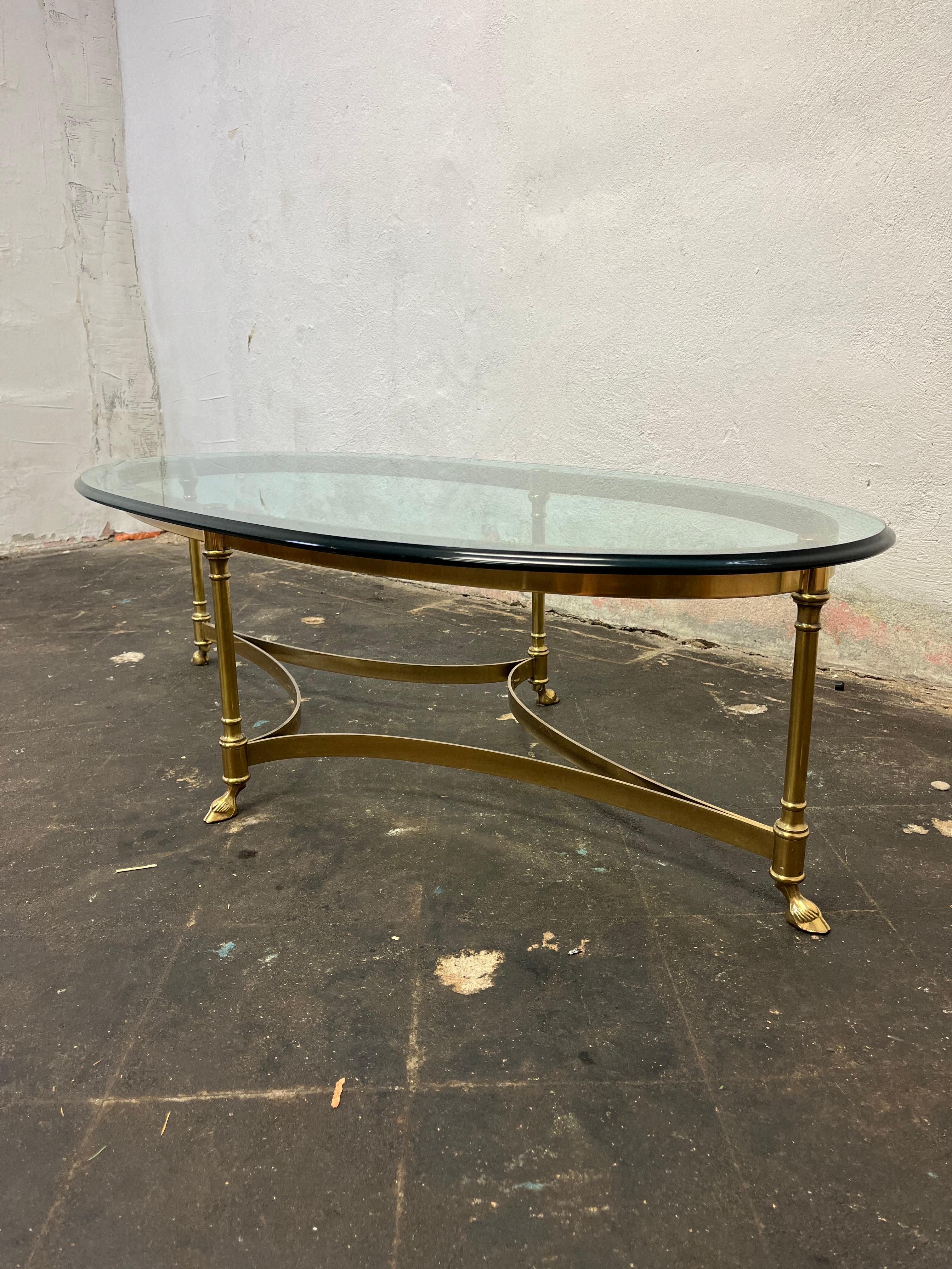 Mid-Century Modern Oval Brass Glass Top Hoof Feet Italian Coffee Table