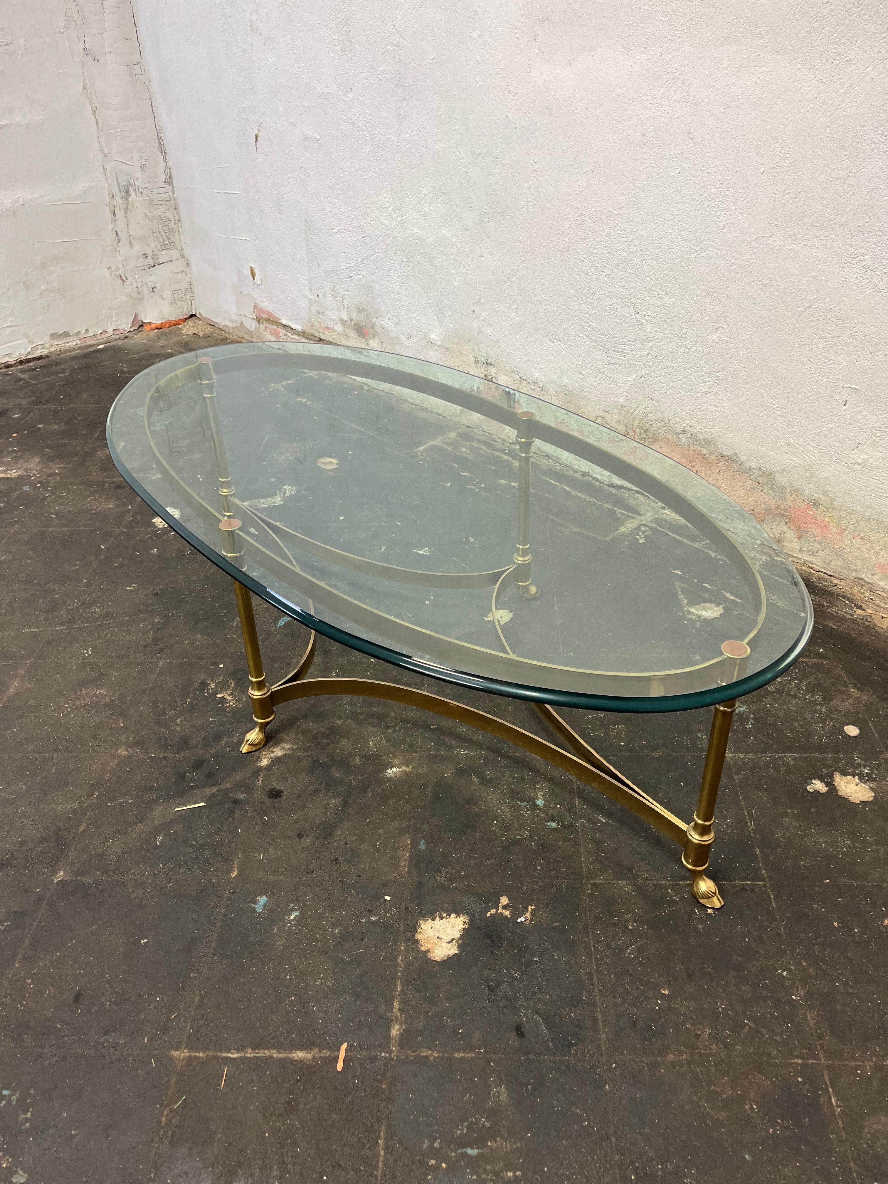 Oval Brass Glass Top Hoof Feet Italian Coffee Table In Good Condition In W Allenhurst, NJ