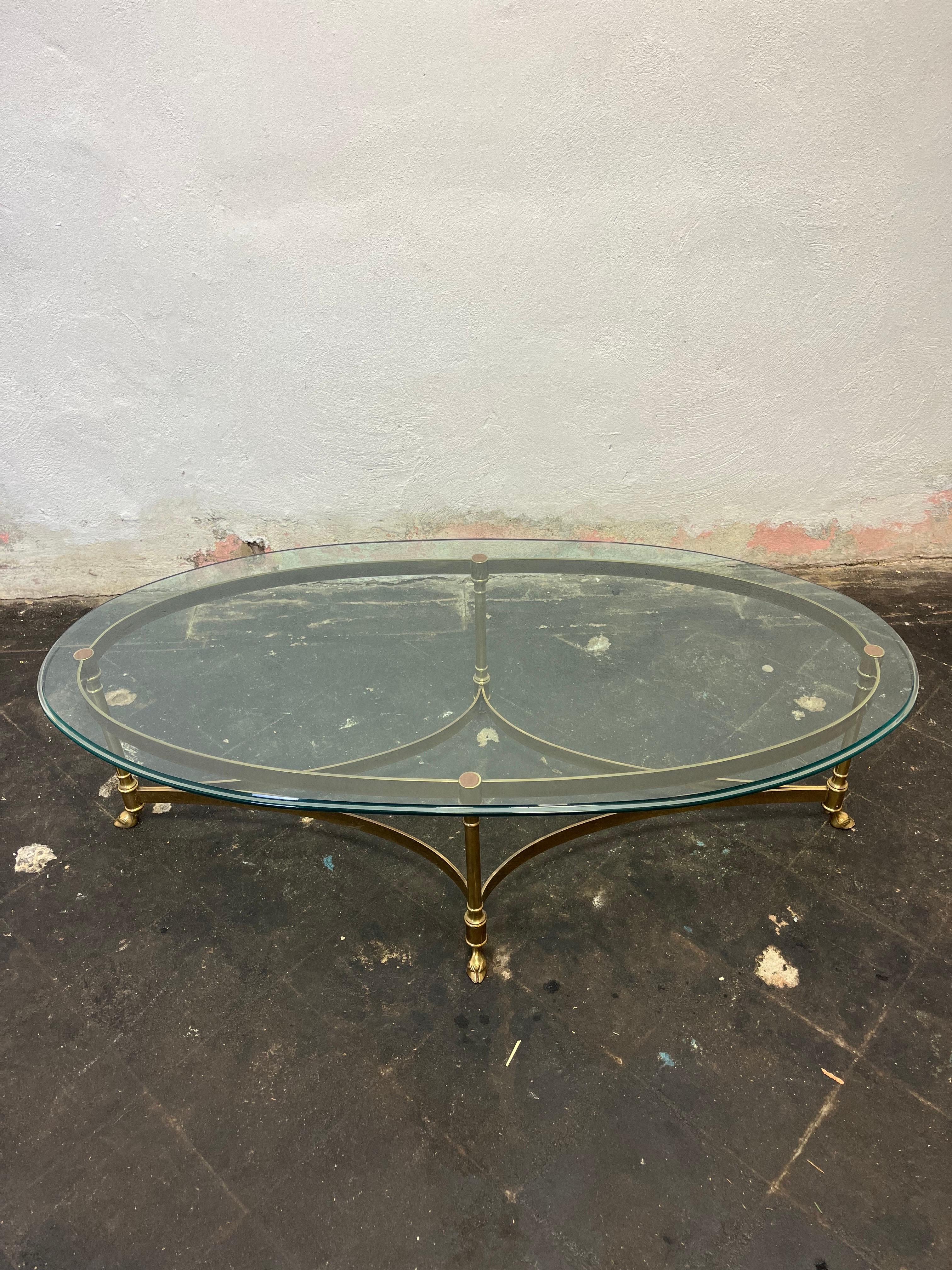 Oval Brass Glass Top Hoof Feet Italian Coffee Table 1