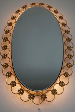 Oval Brass Mirror with Light, Italy, 1940s