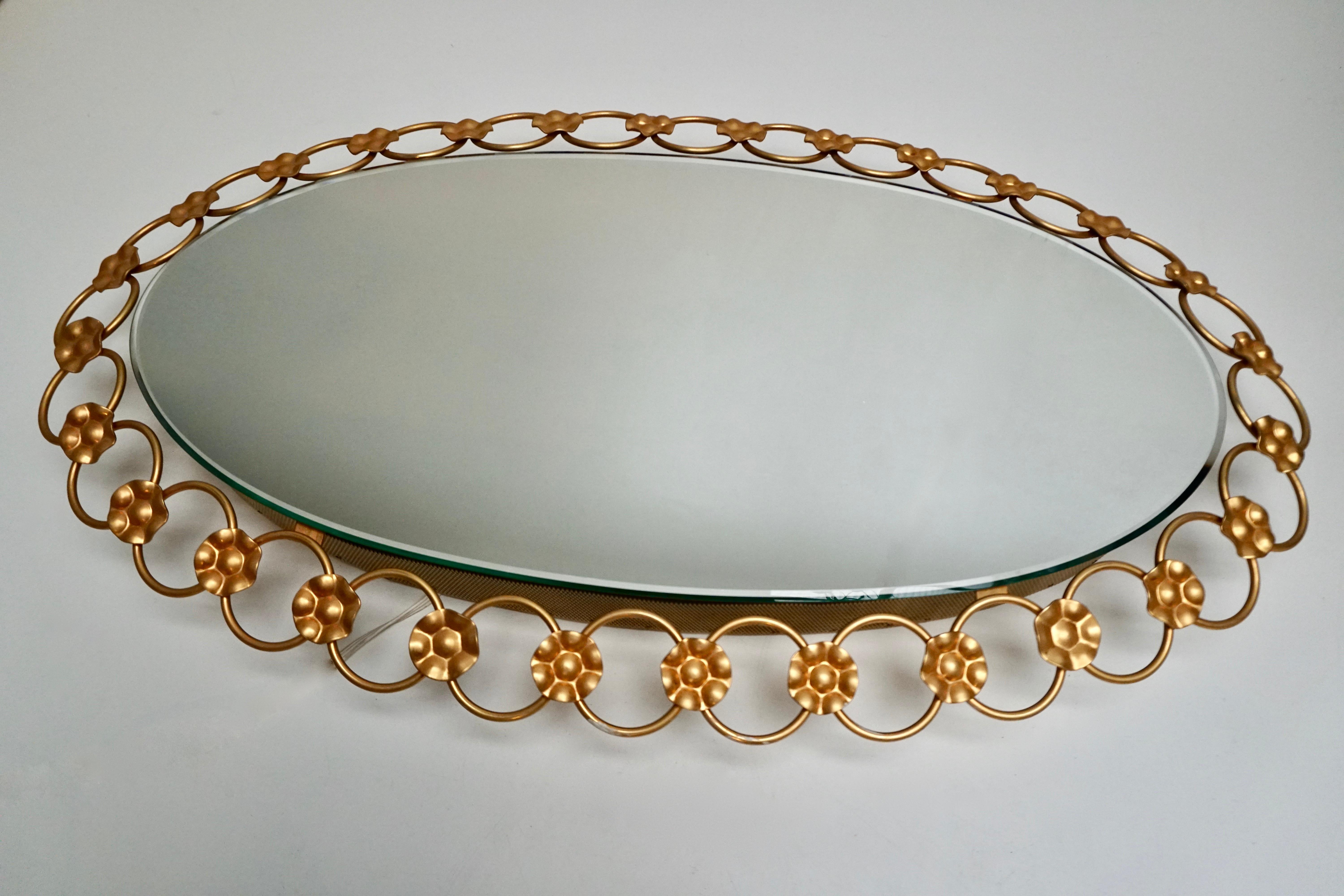 Hollywood Regency Oval Brass Mirror with Light, Italy, 1940s For Sale