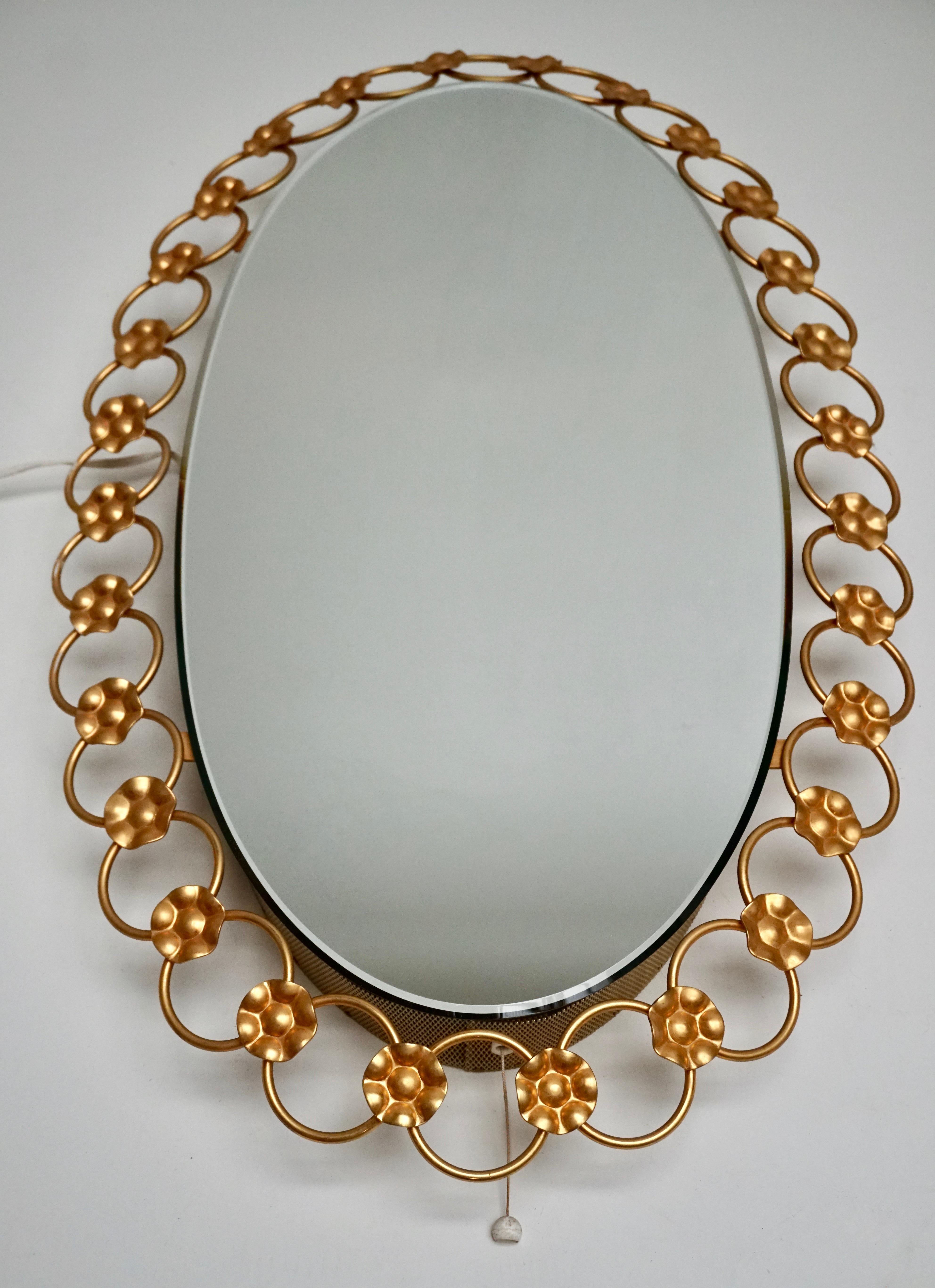 German Oval Brass Mirror with Light, Italy, 1940s For Sale