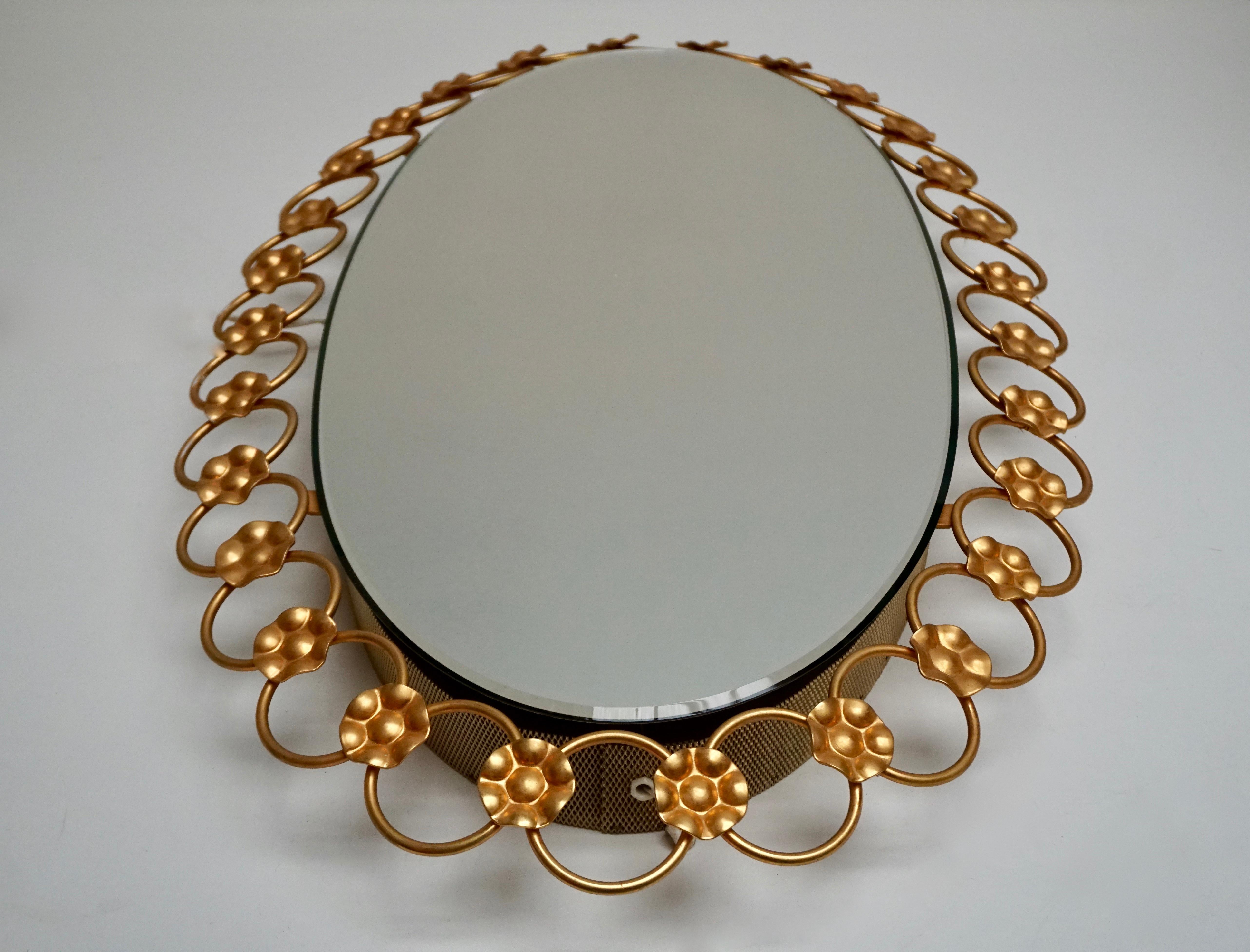 Oval Brass Mirror with Light, Italy, 1940s In Good Condition For Sale In Antwerp, BE