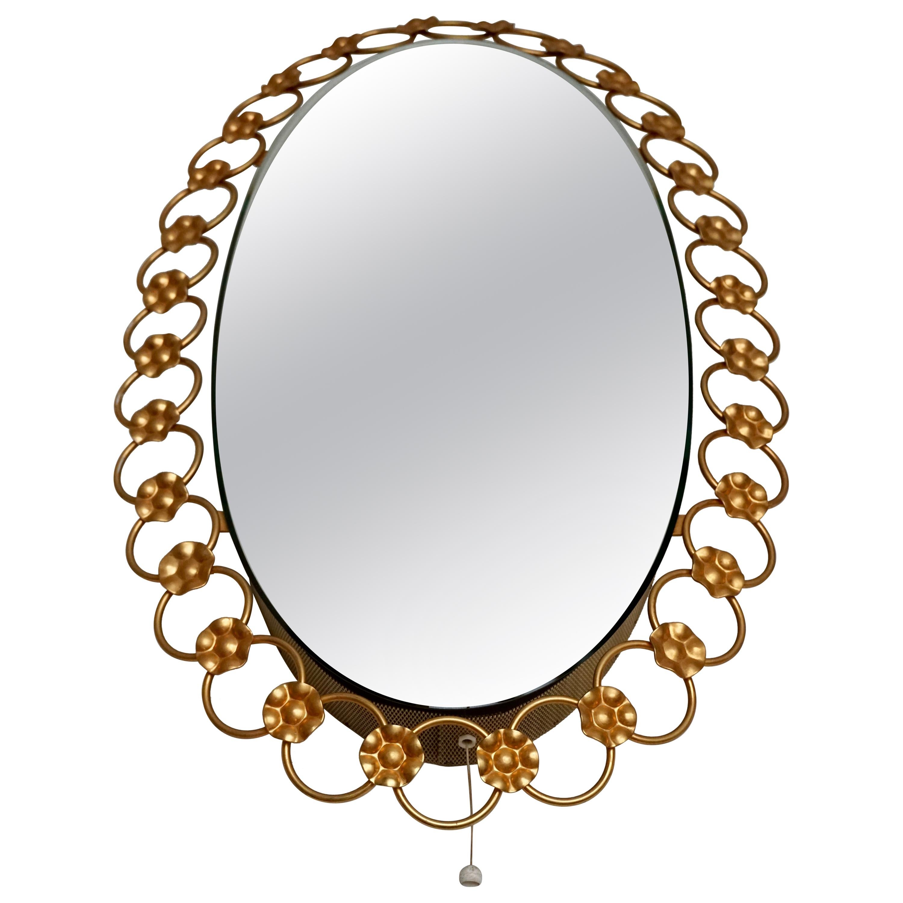 Oval Brass Mirror with Light, Italy, 1940s For Sale