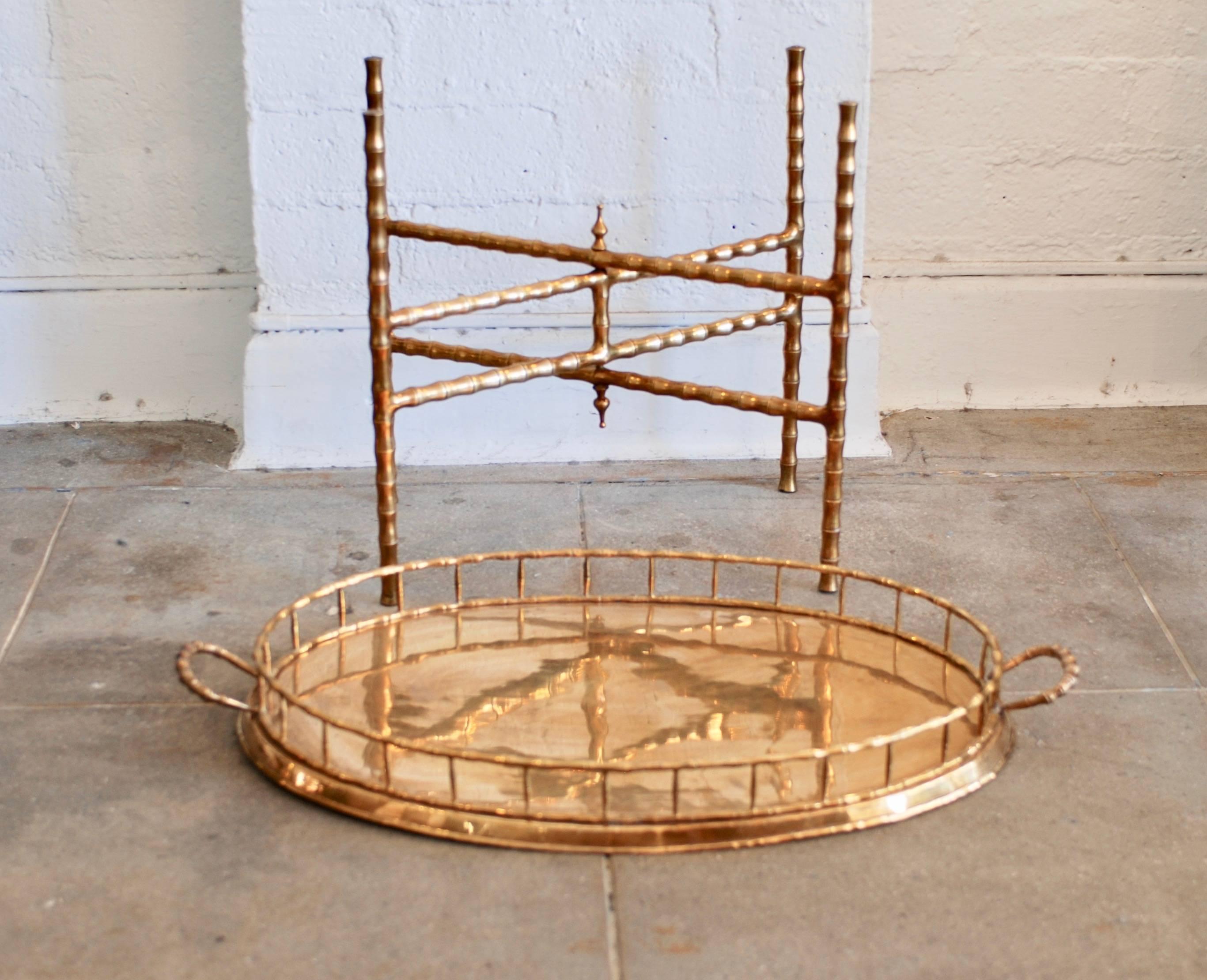 Oval Brass Tray Table with Faux Bamboo Stand 4