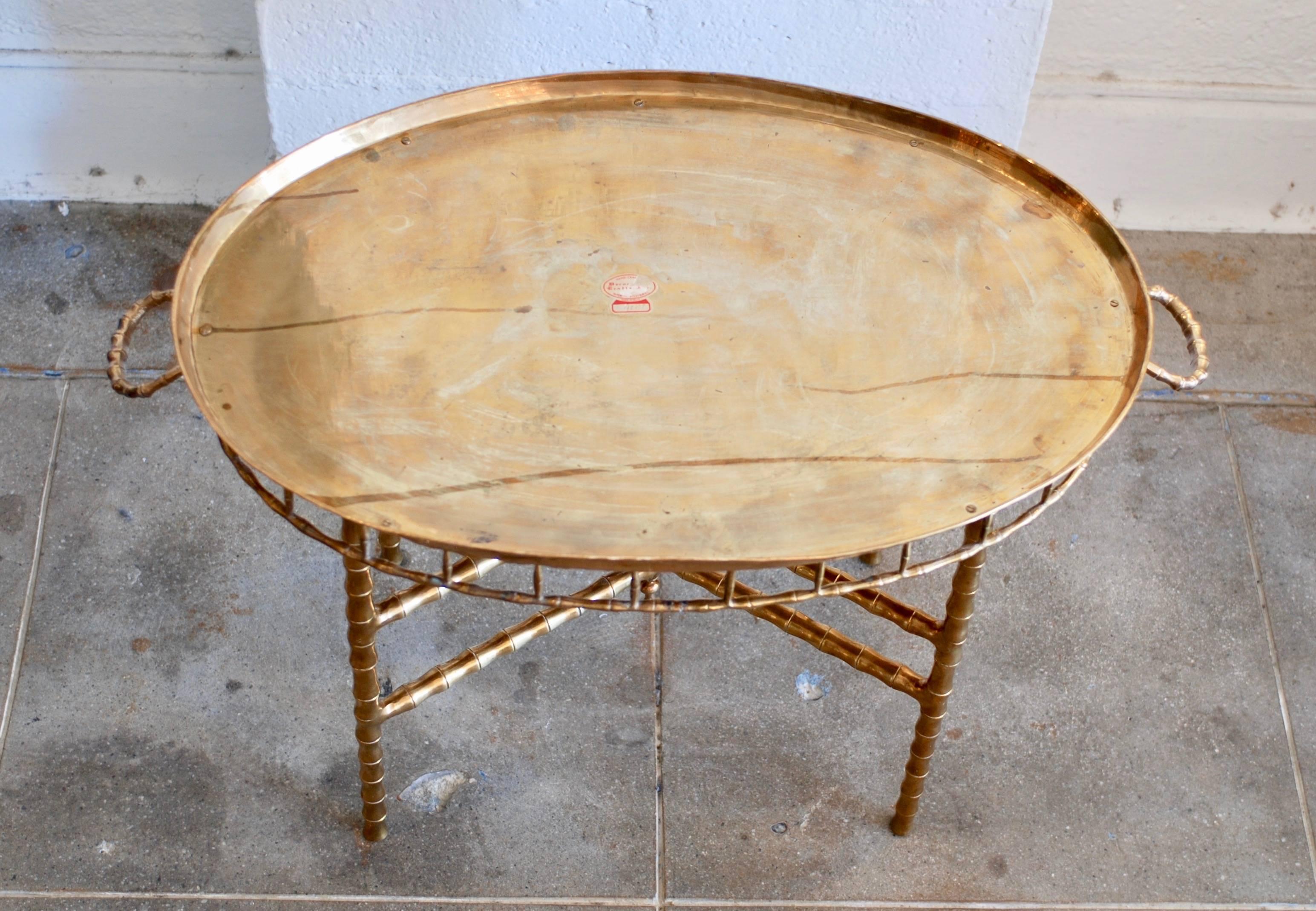 Oval Brass Tray Table with Faux Bamboo Stand 7
