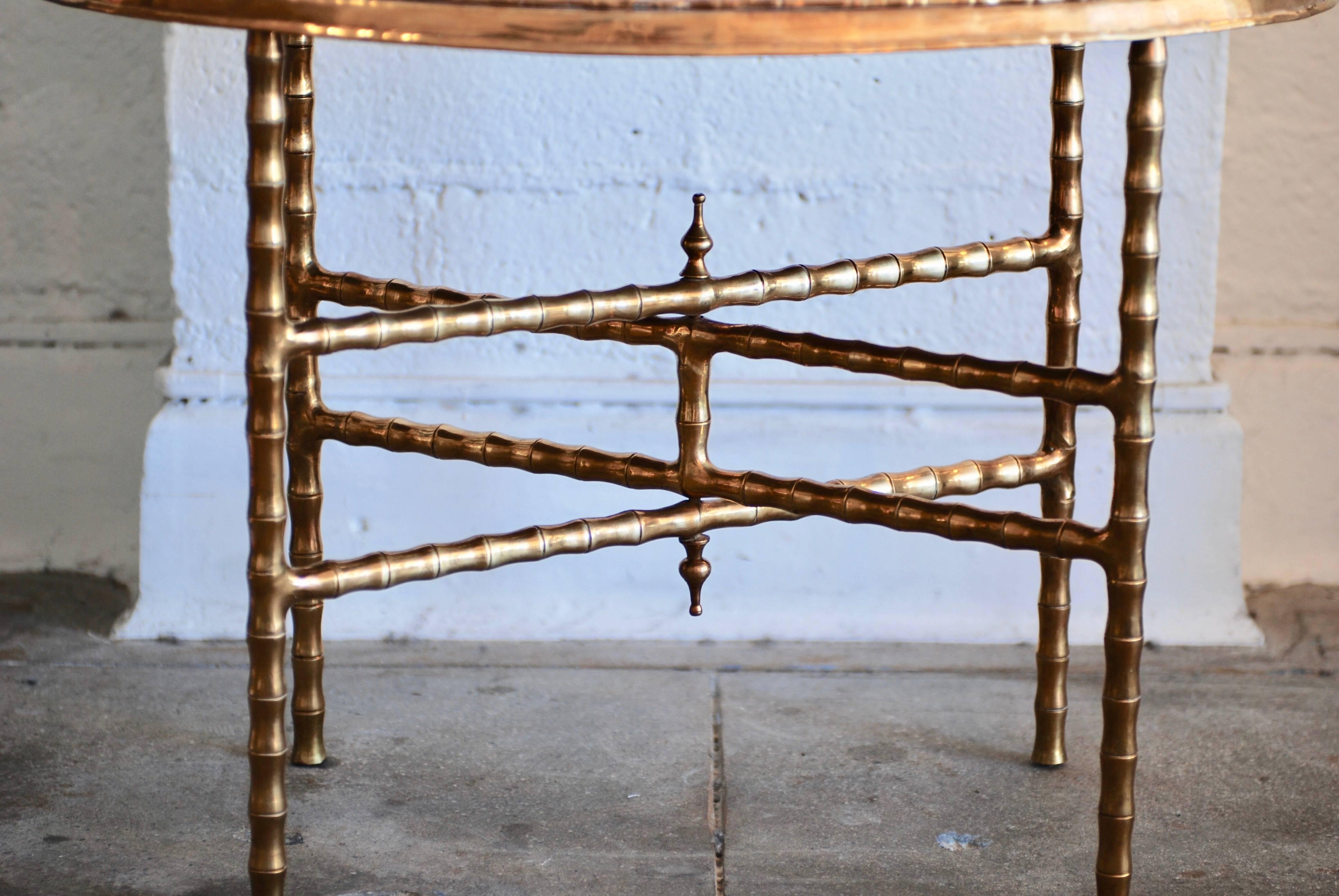 Indian Oval Brass Tray Table with Faux Bamboo Stand