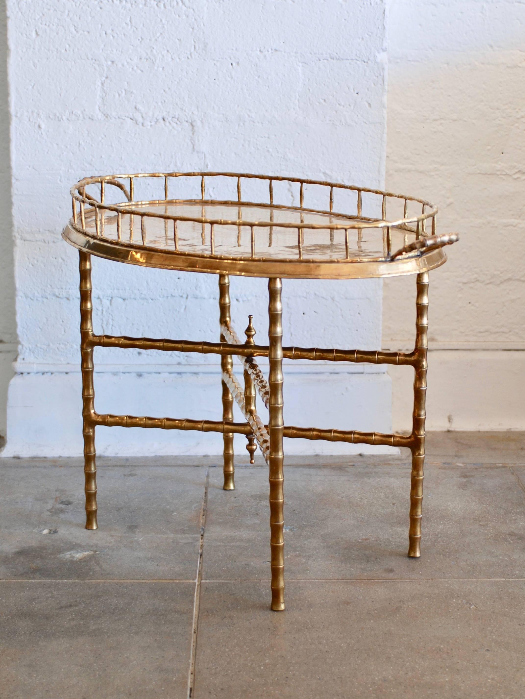 Oval Brass Tray Table with Faux Bamboo Stand 1